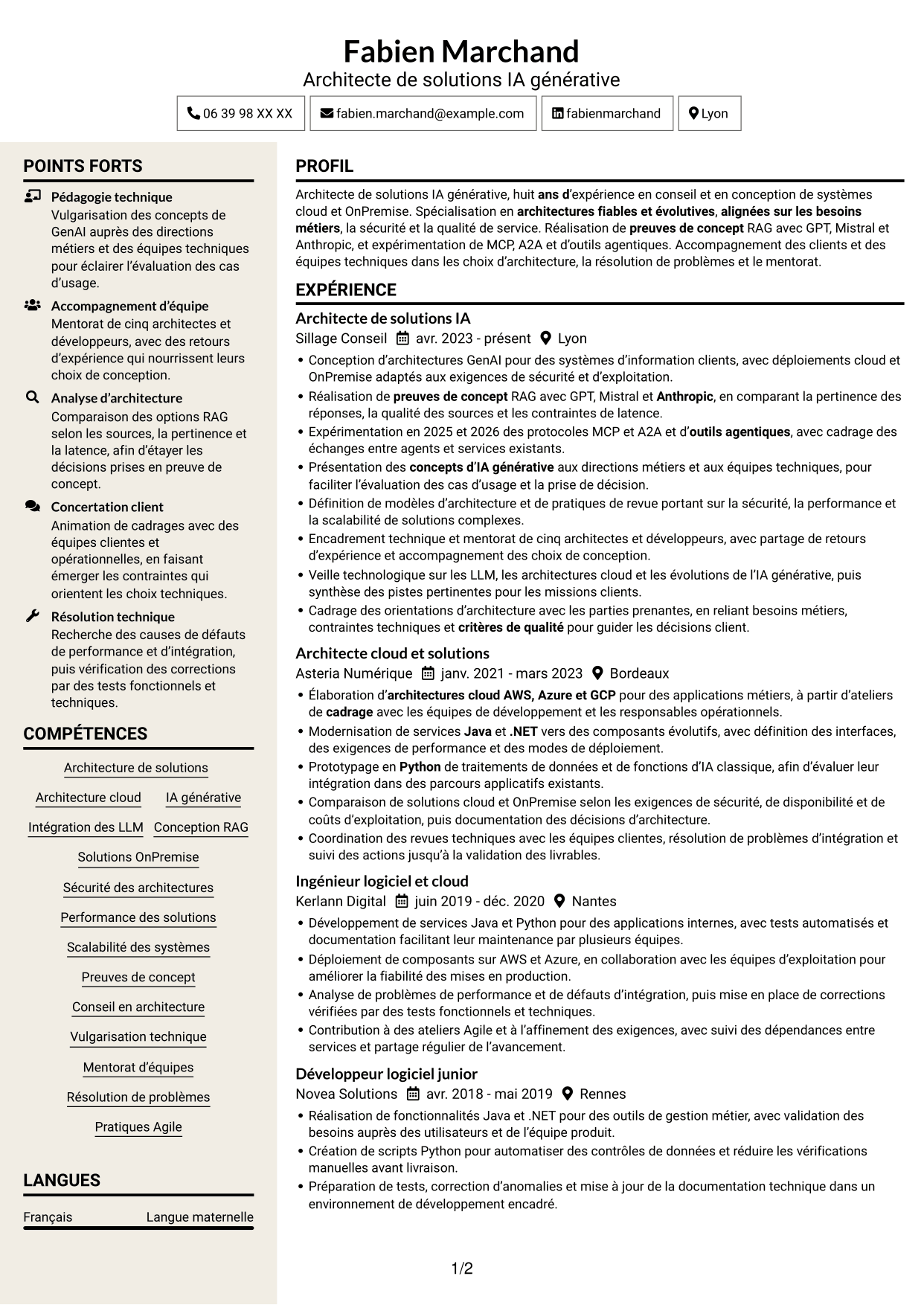 CV Fonceur (format à deux colonnes avec en-tête centré sans photo) : Architecte de solutions IA générative, page 1