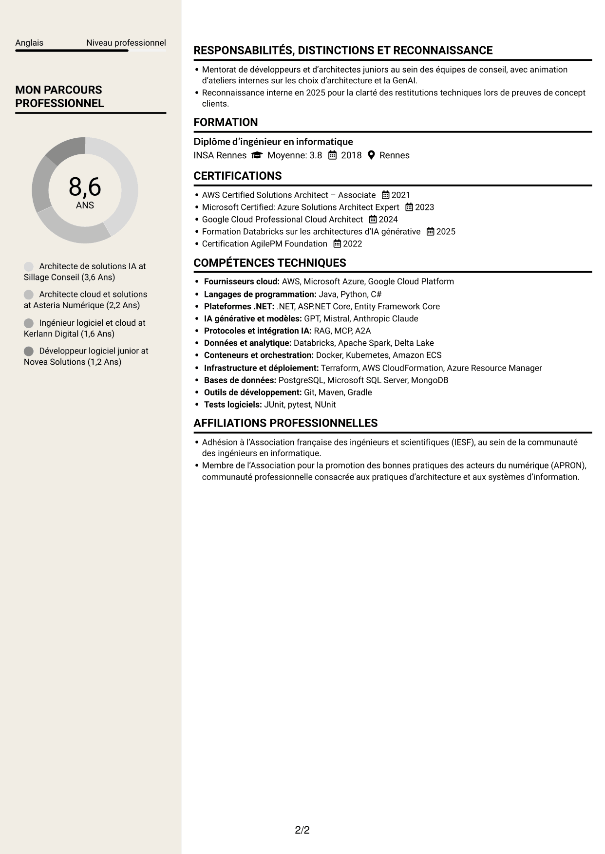 CV Fonceur (format à deux colonnes avec en-tête centré sans photo) : Architecte de solutions IA générative, page 2