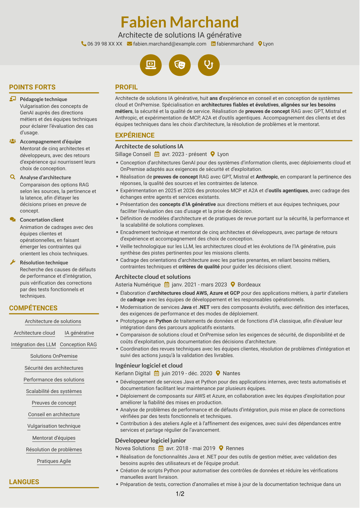 CV Dynamique (format à deux colonnes avec icônes) : Architecte de solutions IA générative, page 1