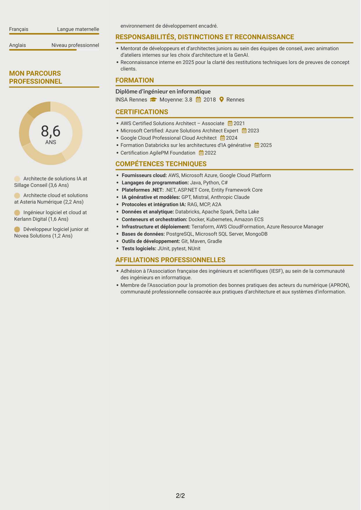 CV Dynamique (format à deux colonnes avec icônes) : Architecte de solutions IA générative, page 2