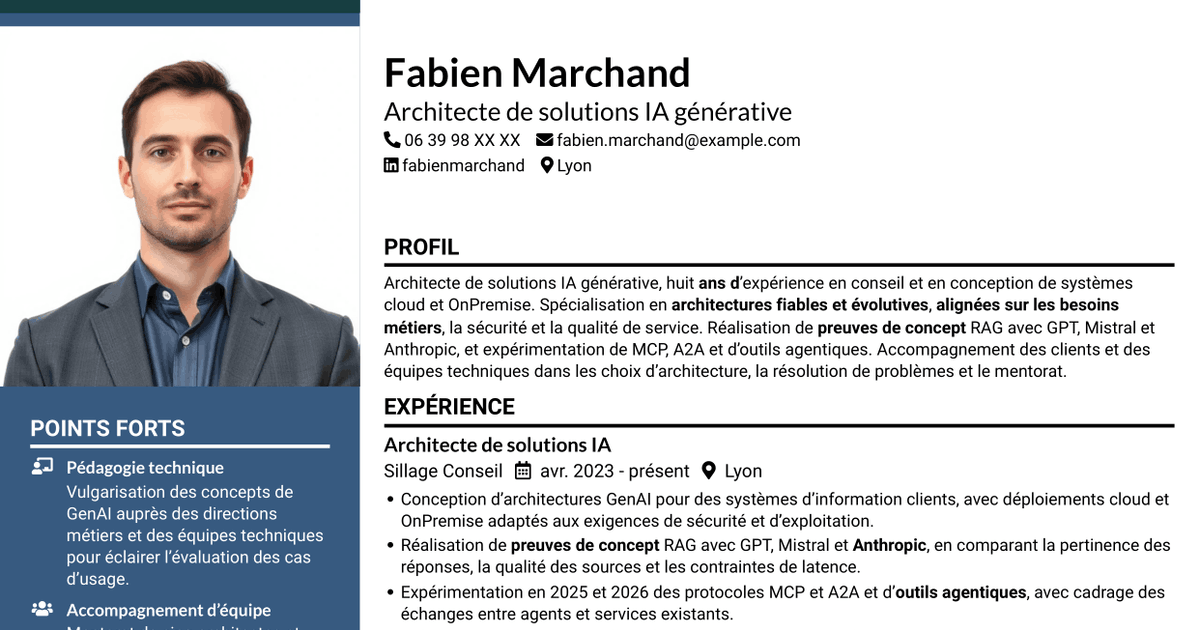 7 modèles de CV pour Architecte de solutions IA générative, avec exemples
