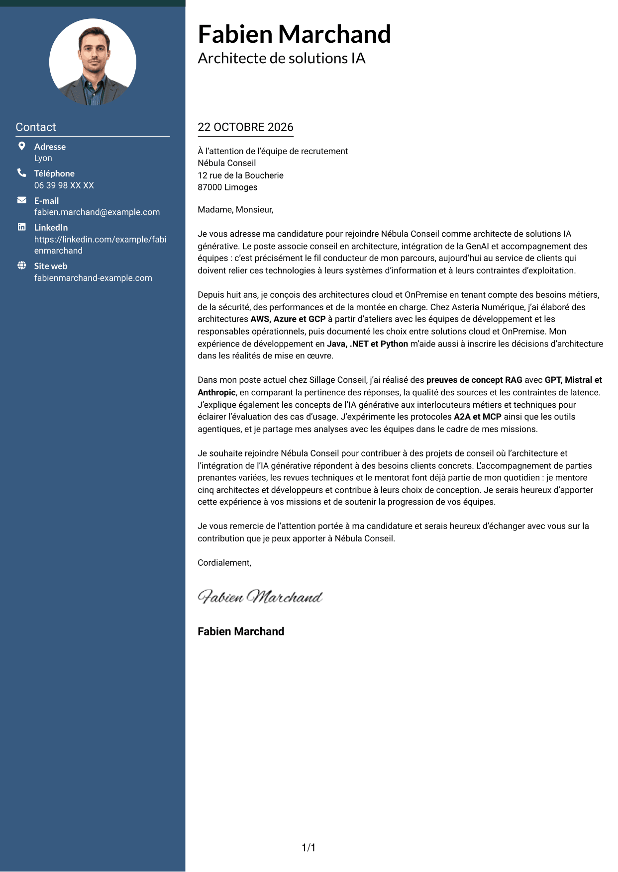 Lettre de motivation Élégant (format à colonne latérale colorée avec photo) : Architecte de solutions IA générative, page 1