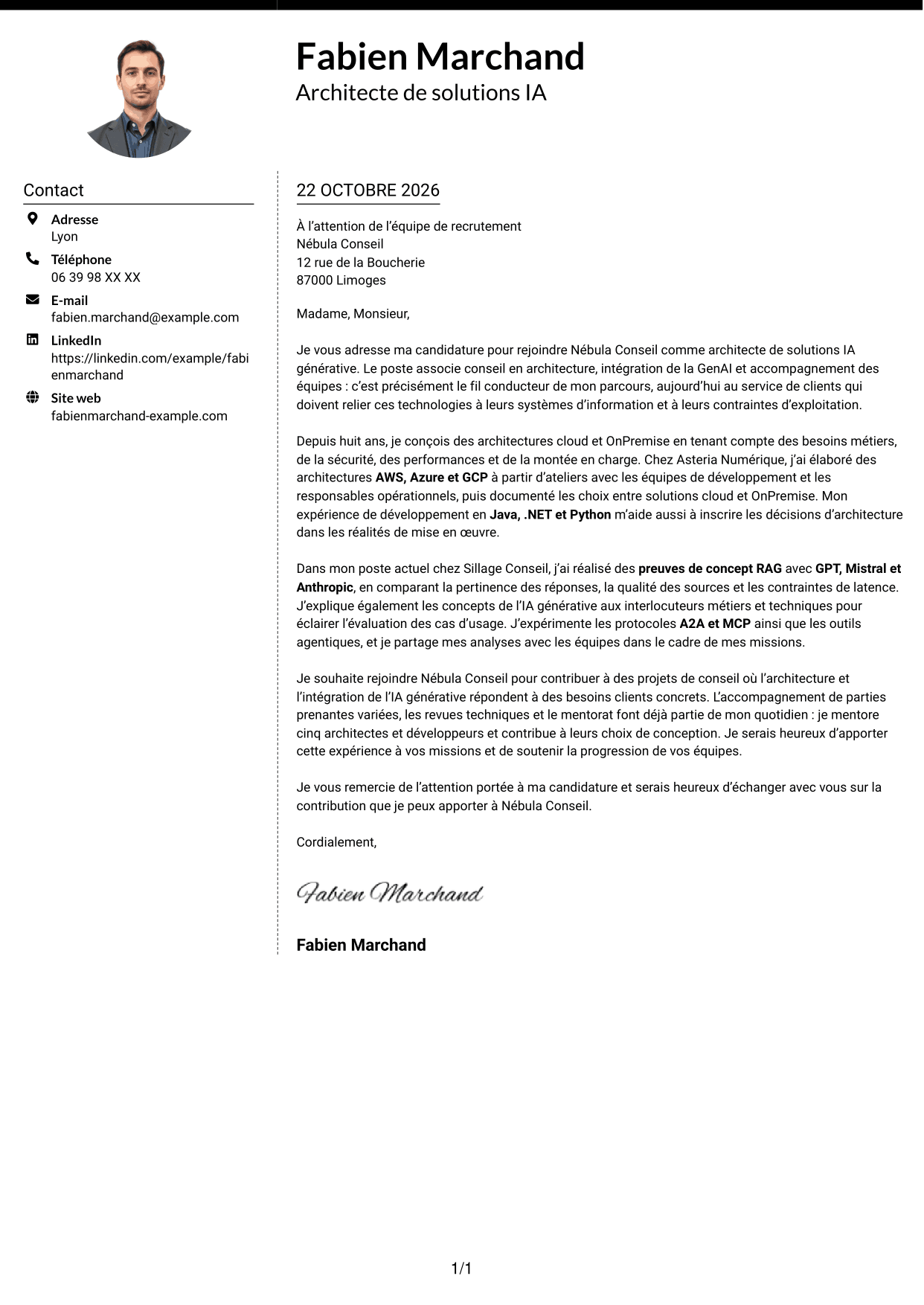 Lettre de motivation Moderne (format à deux colonnes avec photo à gauche et séparateur) : Architecte de solutions IA générative, page 1