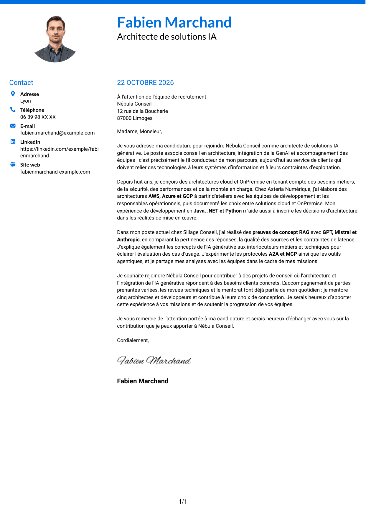 Lettre de motivation Audacieux (format à deux colonnes avec accents colorés et photo) : Architecte de solutions IA générative, page 1