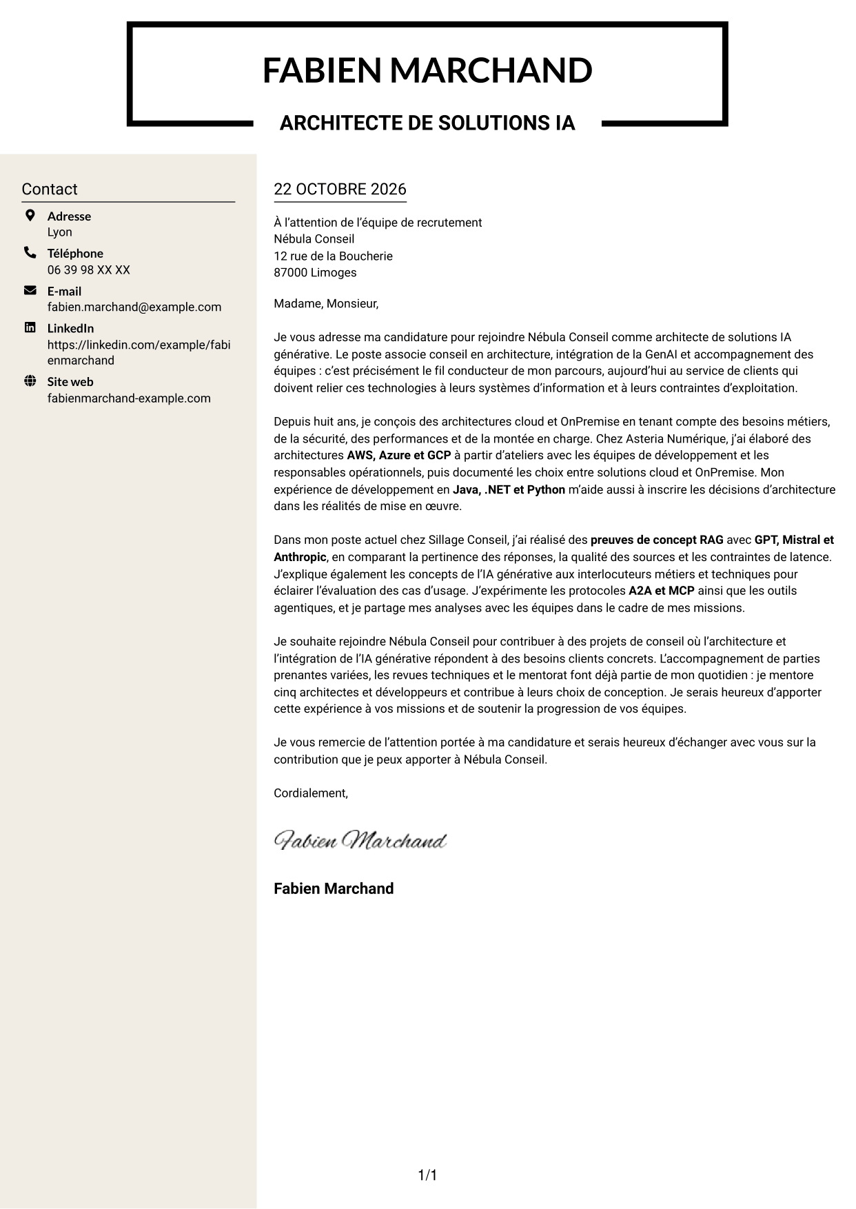 Lettre de motivation Fonceur (format à deux colonnes avec en-tête centré sans photo) : Architecte de solutions IA générative, page 1