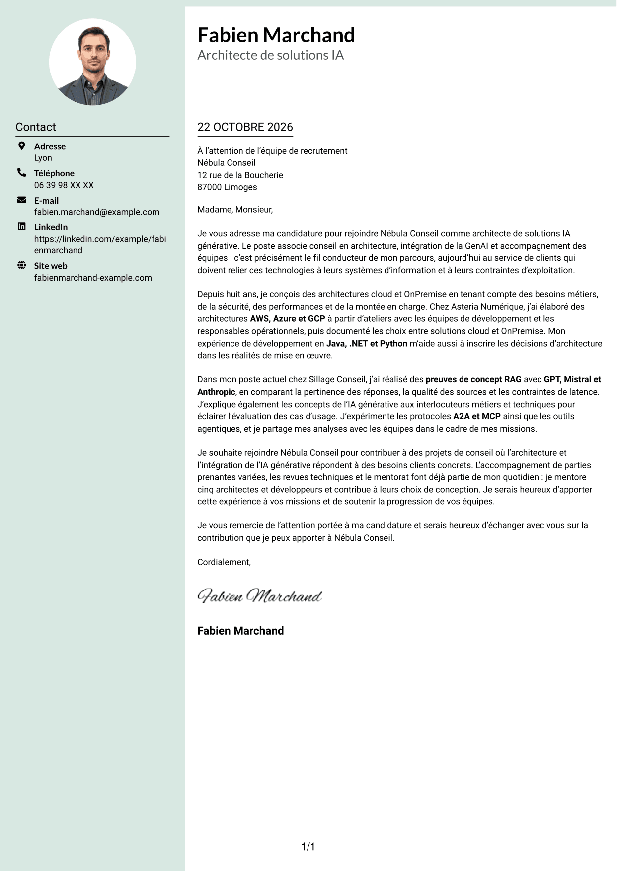 Lettre de motivation Cadre (format à colonne latérale douce avec photo arrondie) : Architecte de solutions IA générative, page 1