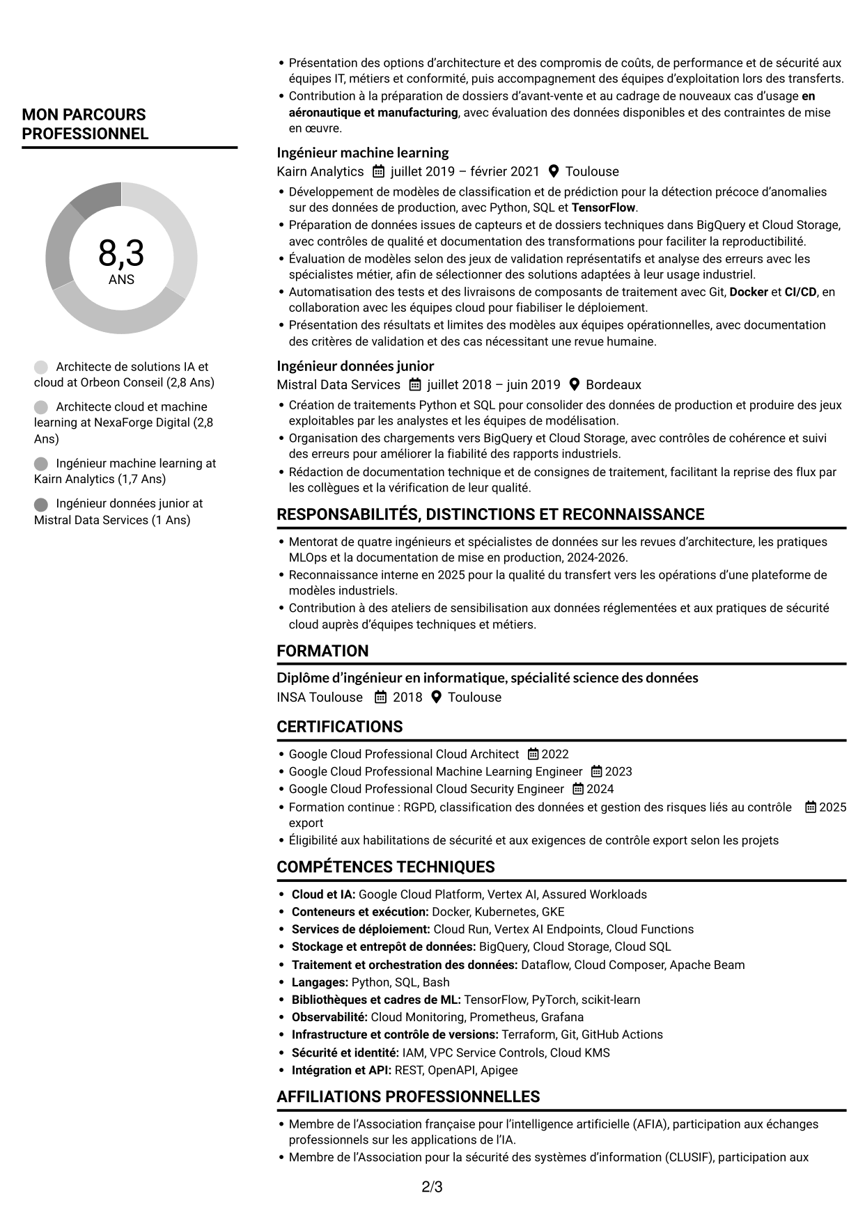 CV Compact (format sobre à deux colonnes avec photo) : Architecte de solutions IA senior - Vertex AI et GCP, page 2