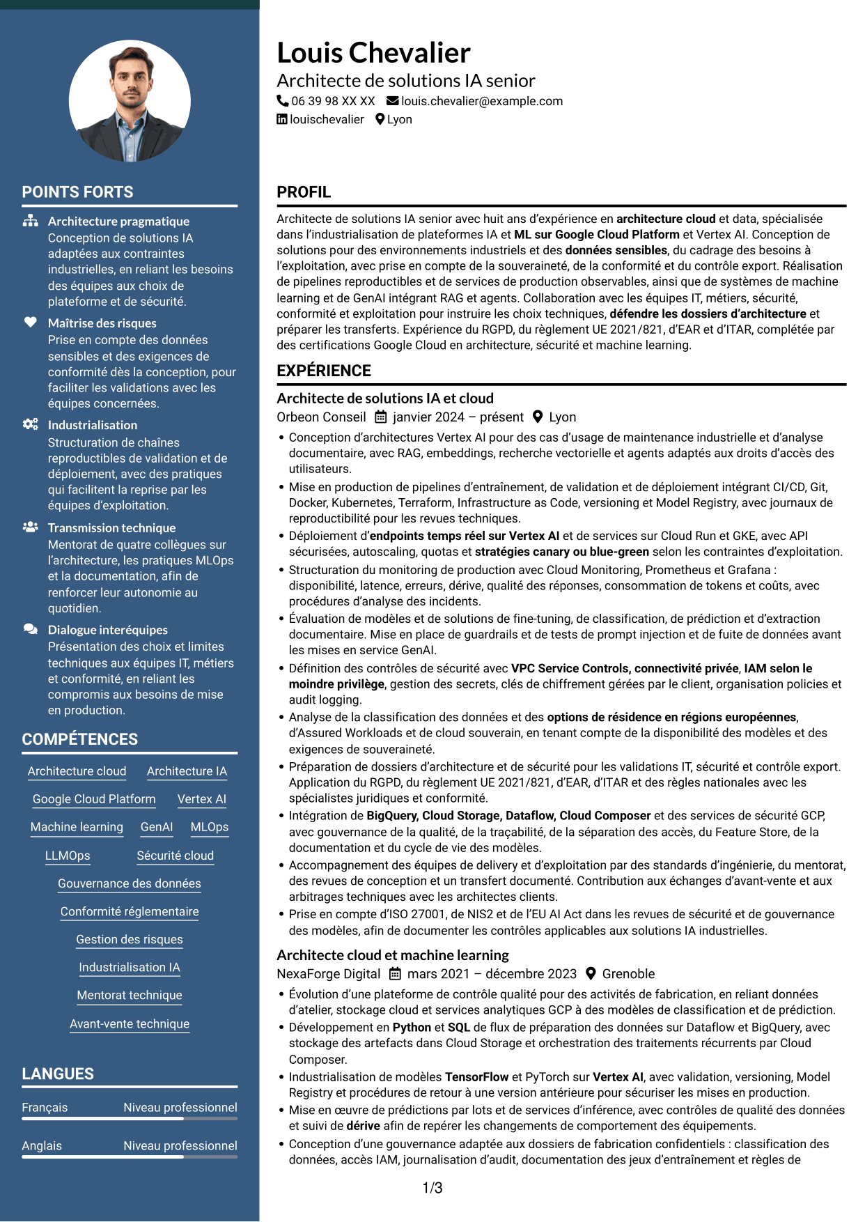 CV Élégant (format à colonne latérale colorée avec photo) : Architecte de solutions IA senior - Vertex AI et GCP, page 1