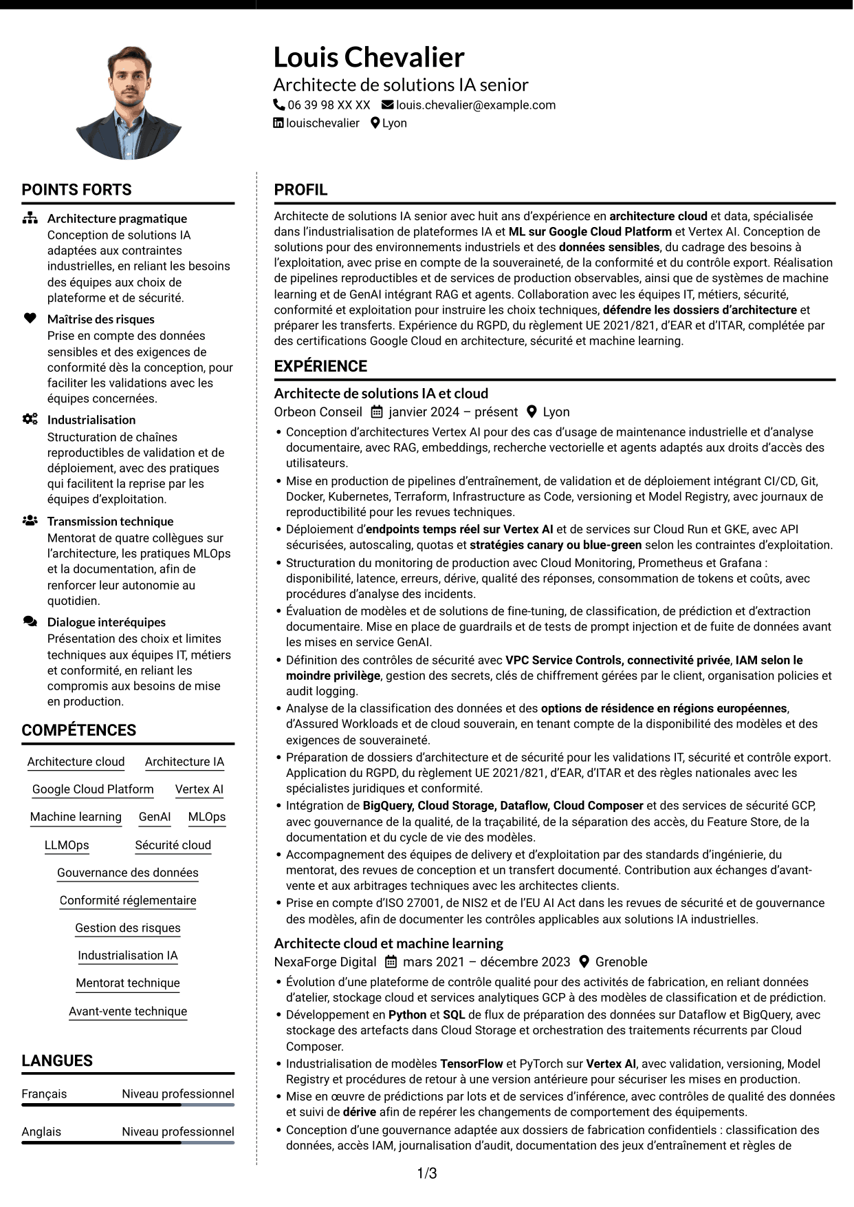 CV Moderne (format à deux colonnes avec photo à gauche et séparateur) : Architecte de solutions IA senior - Vertex AI et GCP, page 1
