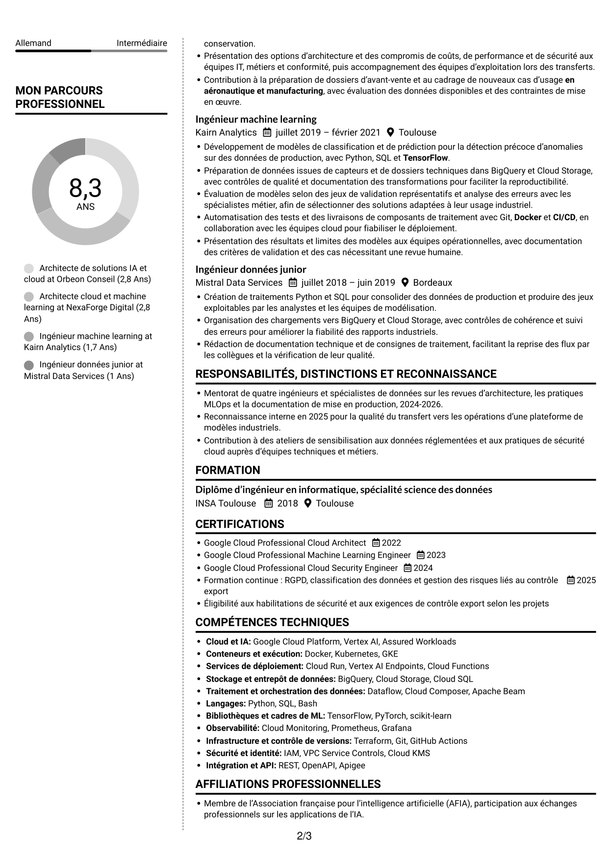 CV Moderne (format à deux colonnes avec photo à gauche et séparateur) : Architecte de solutions IA senior - Vertex AI et GCP, page 2