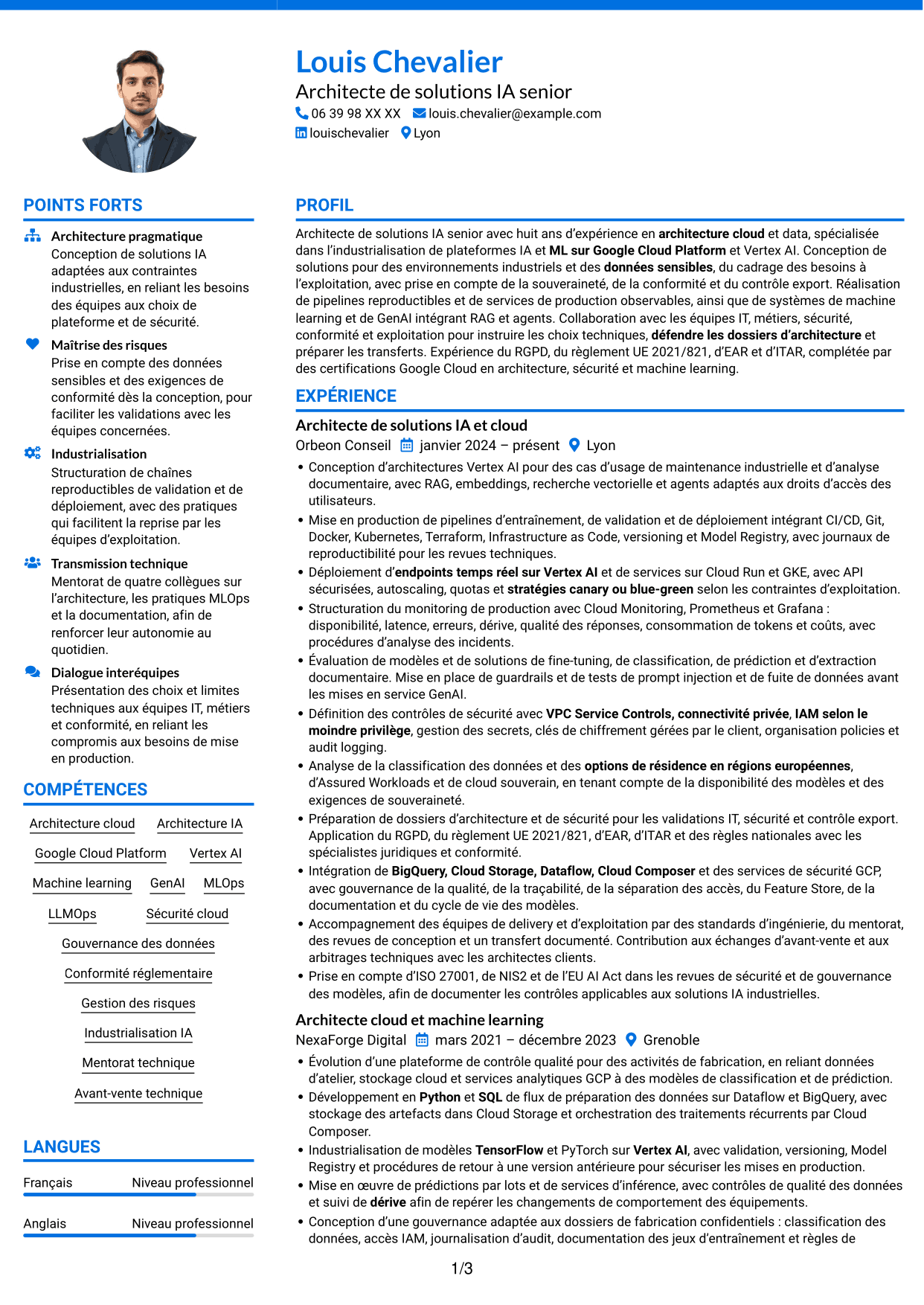 CV Audacieux (format à deux colonnes avec accents colorés et photo) : Architecte de solutions IA senior - Vertex AI et GCP, page 1