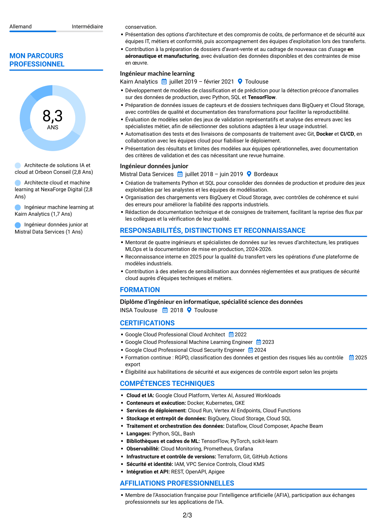 CV Audacieux (format à deux colonnes avec accents colorés et photo) : Architecte de solutions IA senior - Vertex AI et GCP, page 2