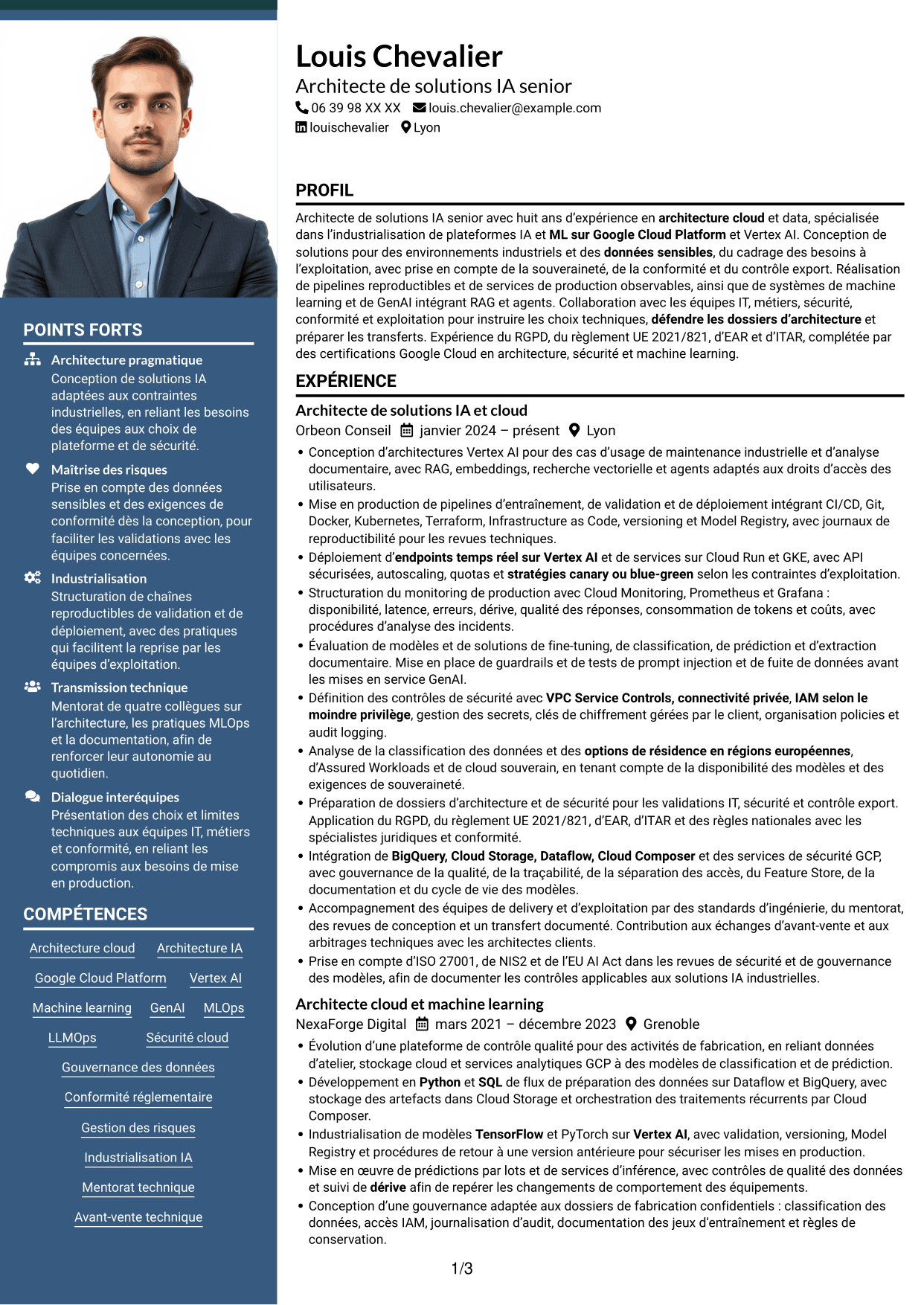 CV Signature (format à colonne latérale colorée avec grande photo) : Architecte de solutions IA senior - Vertex AI et GCP, page 1