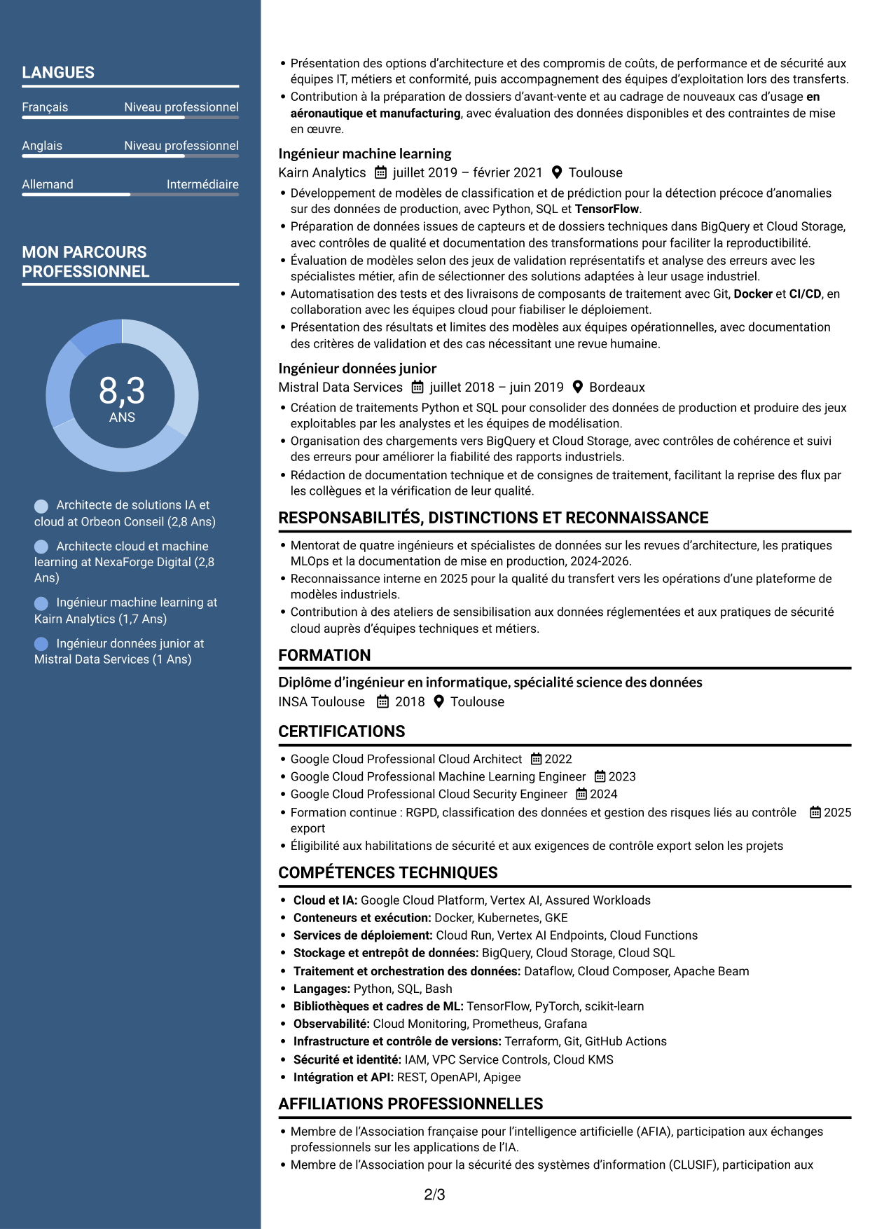 CV Signature (format à colonne latérale colorée avec grande photo) : Architecte de solutions IA senior - Vertex AI et GCP, page 2