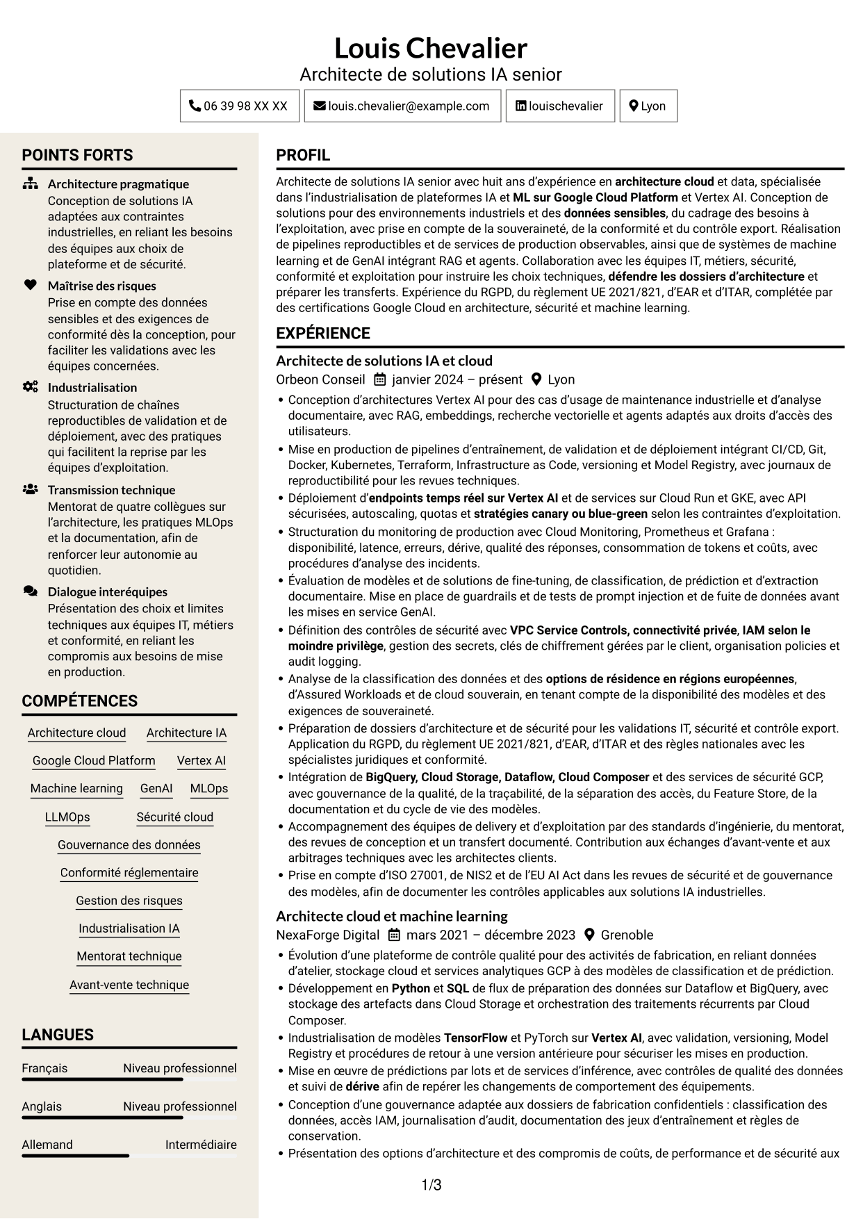 CV Fonceur (format à deux colonnes avec en-tête centré sans photo) : Architecte de solutions IA senior - Vertex AI et GCP, page 1