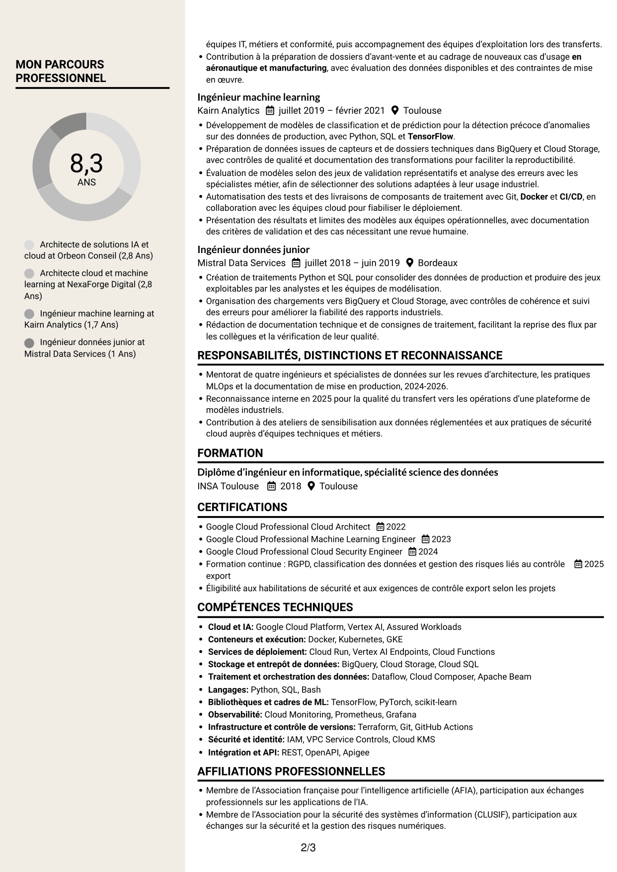 CV Fonceur (format à deux colonnes avec en-tête centré sans photo) : Architecte de solutions IA senior - Vertex AI et GCP, page 2