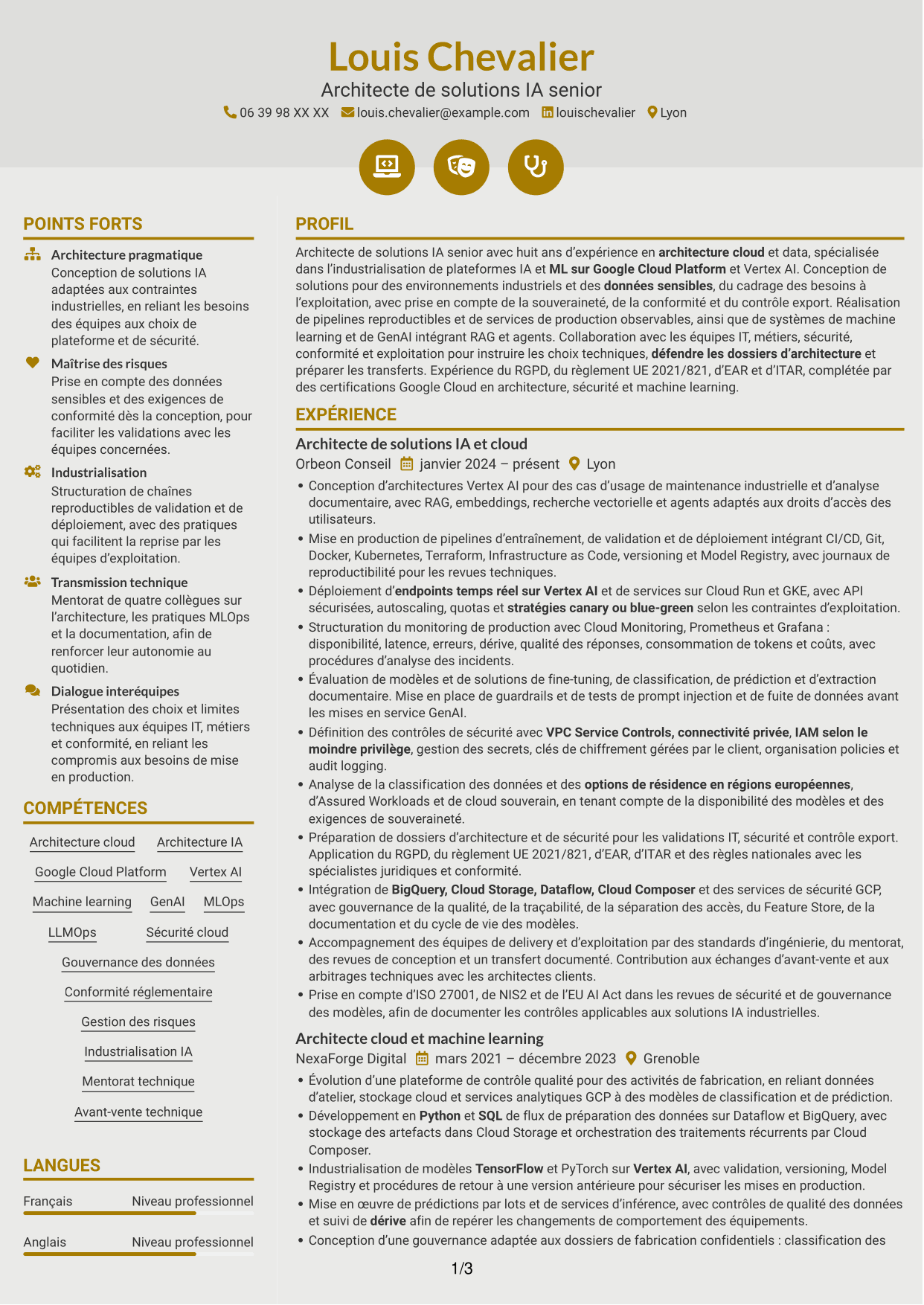 CV Dynamique (format à deux colonnes avec icônes) : Architecte de solutions IA senior - Vertex AI et GCP, page 1