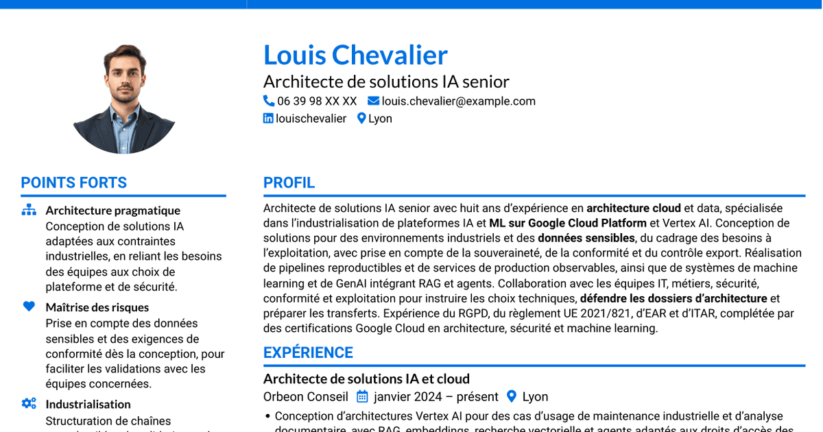 7 modèles de CV pour Architecte de solutions IA senior - Vertex AI et GCP, avec exemples