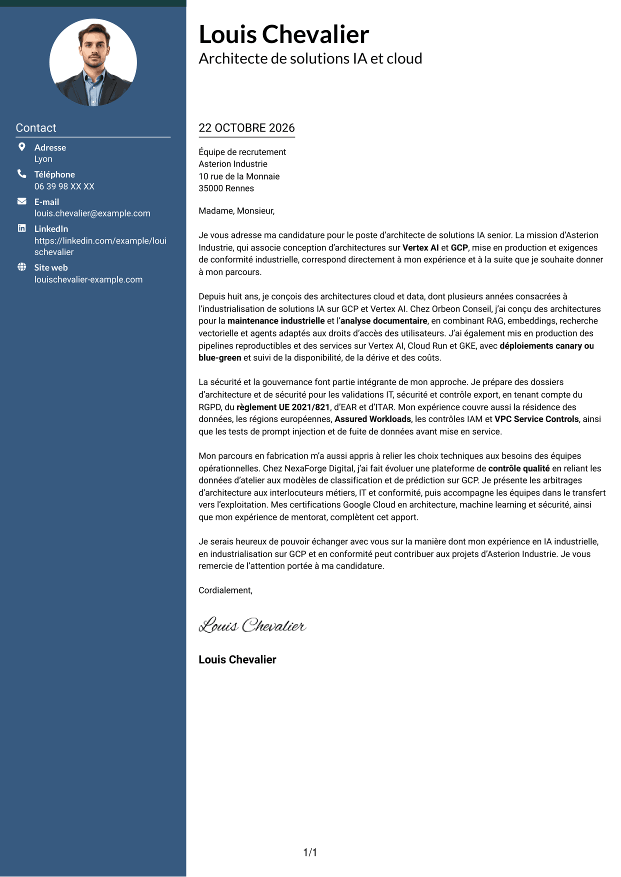 Lettre de motivation Élégant (format à colonne latérale colorée avec photo) : Architecte de solutions IA senior - Vertex AI et GCP, page 1