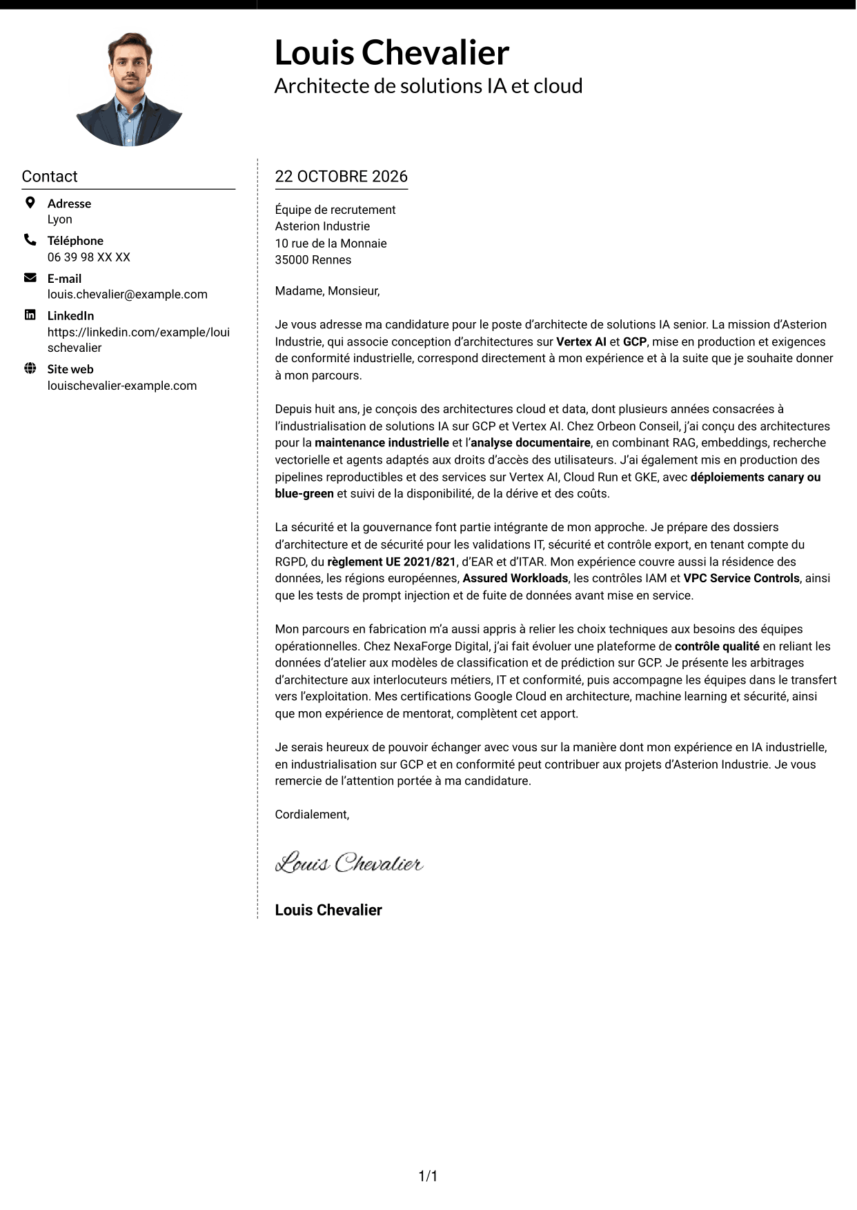 Lettre de motivation Moderne (format à deux colonnes avec photo à gauche et séparateur) : Architecte de solutions IA senior - Vertex AI et GCP, page 1