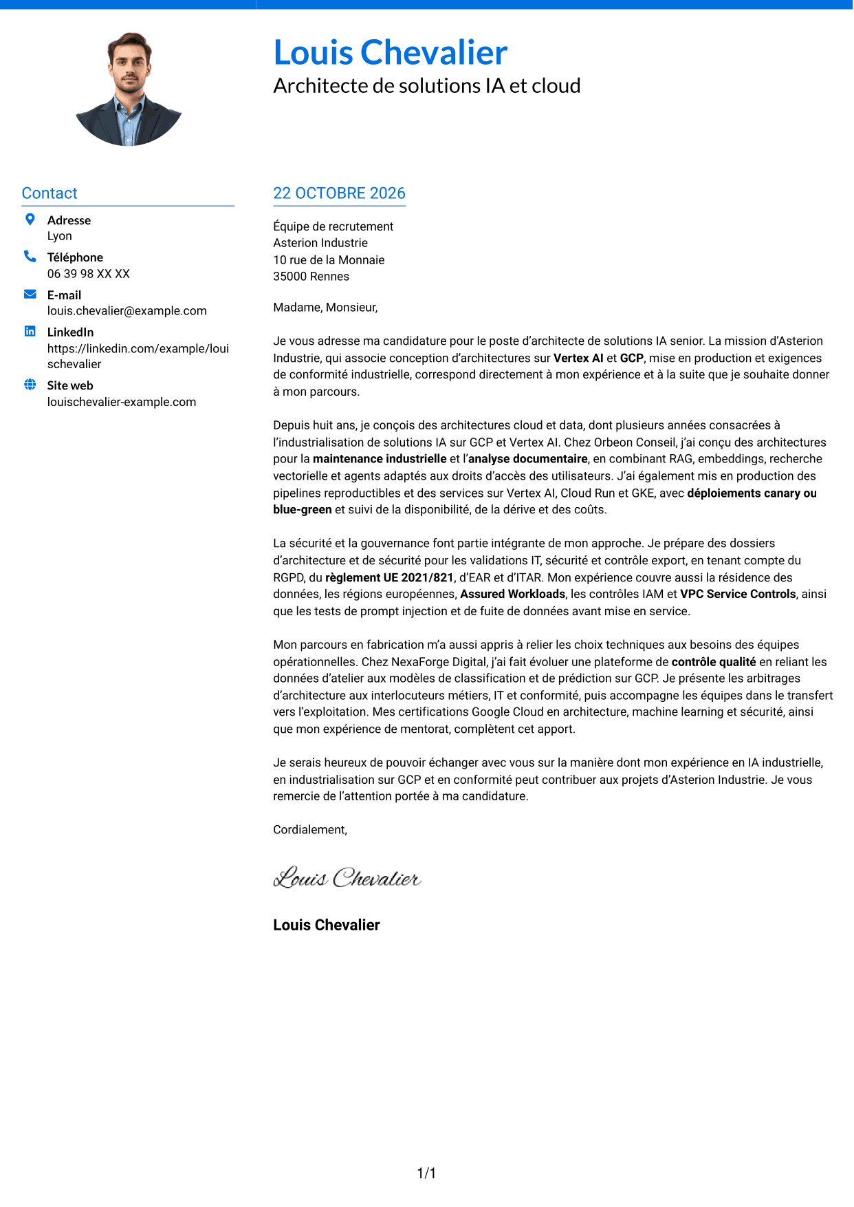 Lettre de motivation Audacieux (format à deux colonnes avec accents colorés et photo) : Architecte de solutions IA senior - Vertex AI et GCP, page 1