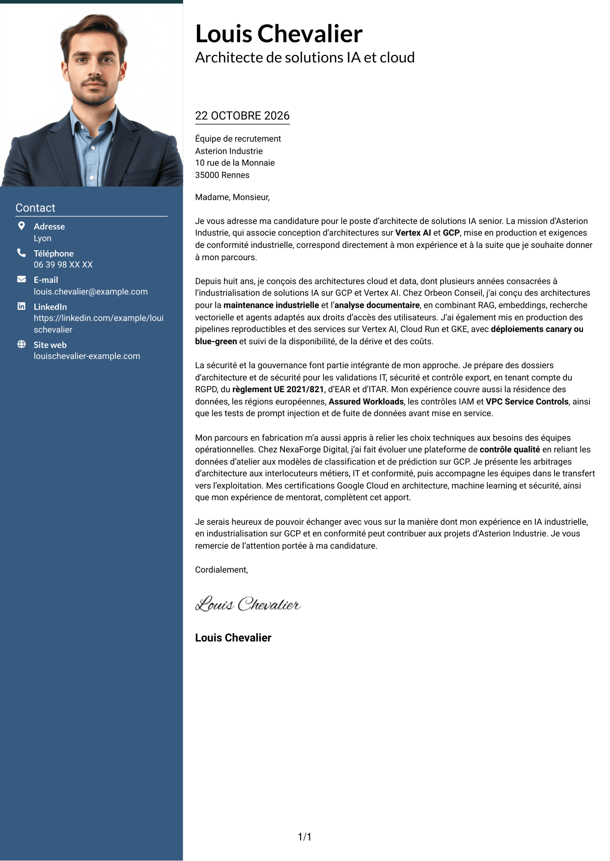 Lettre de motivation Signature (format à colonne latérale colorée avec grande photo) : Architecte de solutions IA senior - Vertex AI et GCP, page 1