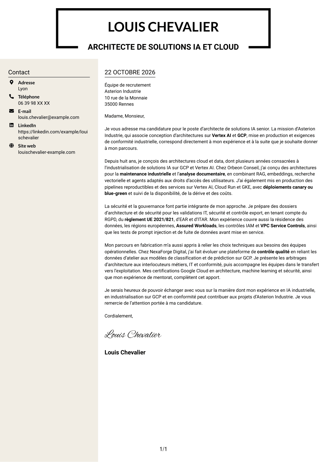 Lettre de motivation Fonceur (format à deux colonnes avec en-tête centré sans photo) : Architecte de solutions IA senior - Vertex AI et GCP, page 1
