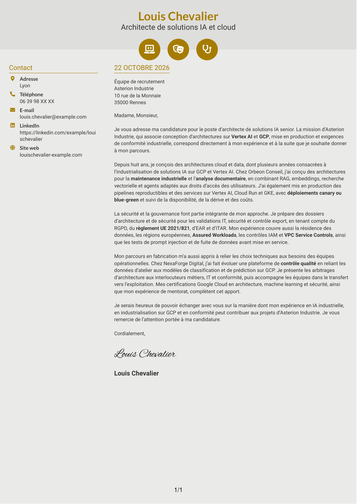 Lettre de motivation Dynamique (format à deux colonnes avec icônes) : Architecte de solutions IA senior - Vertex AI et GCP, page 1