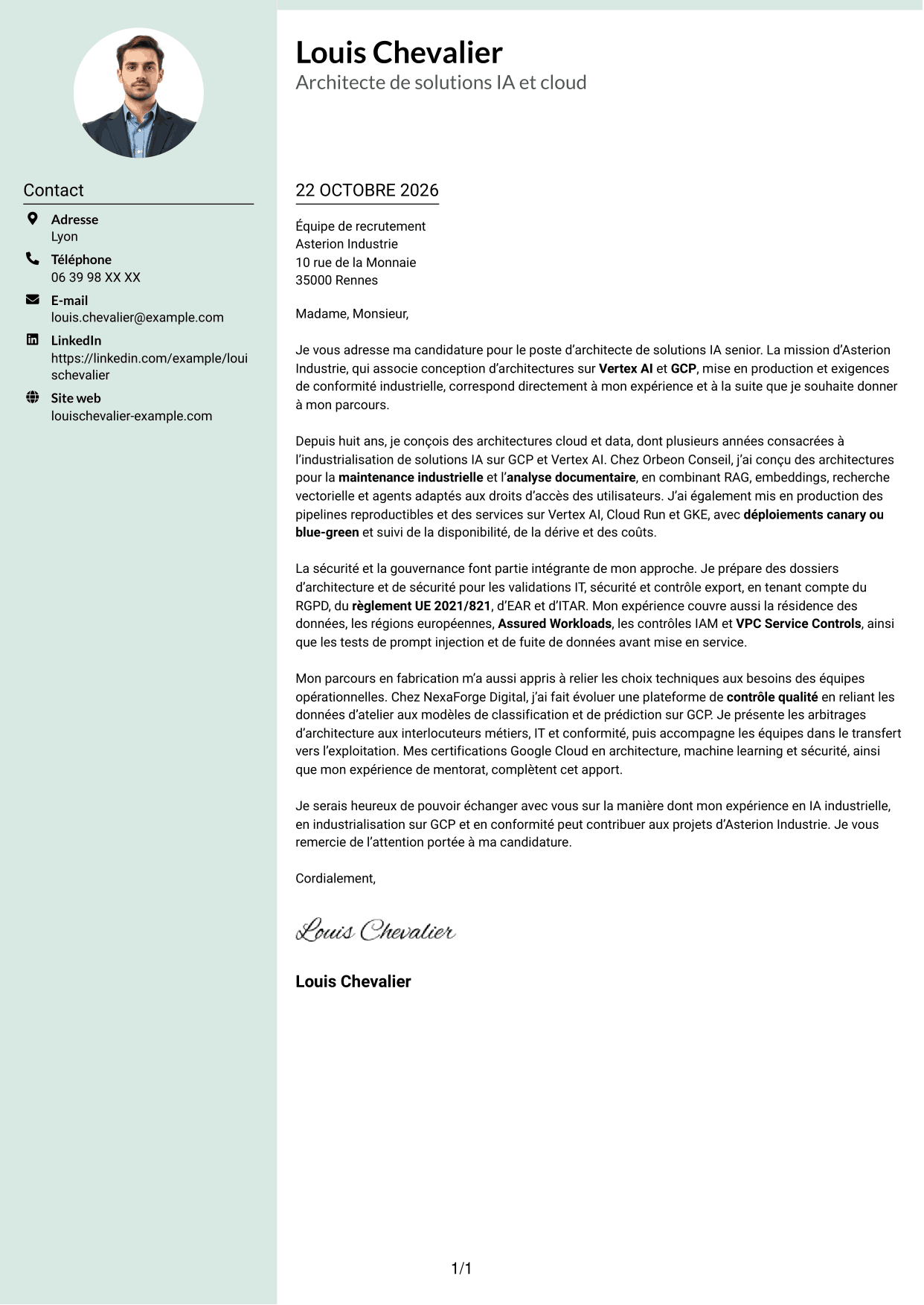 Lettre de motivation Cadre (format à colonne latérale douce avec photo arrondie) : Architecte de solutions IA senior - Vertex AI et GCP, page 1