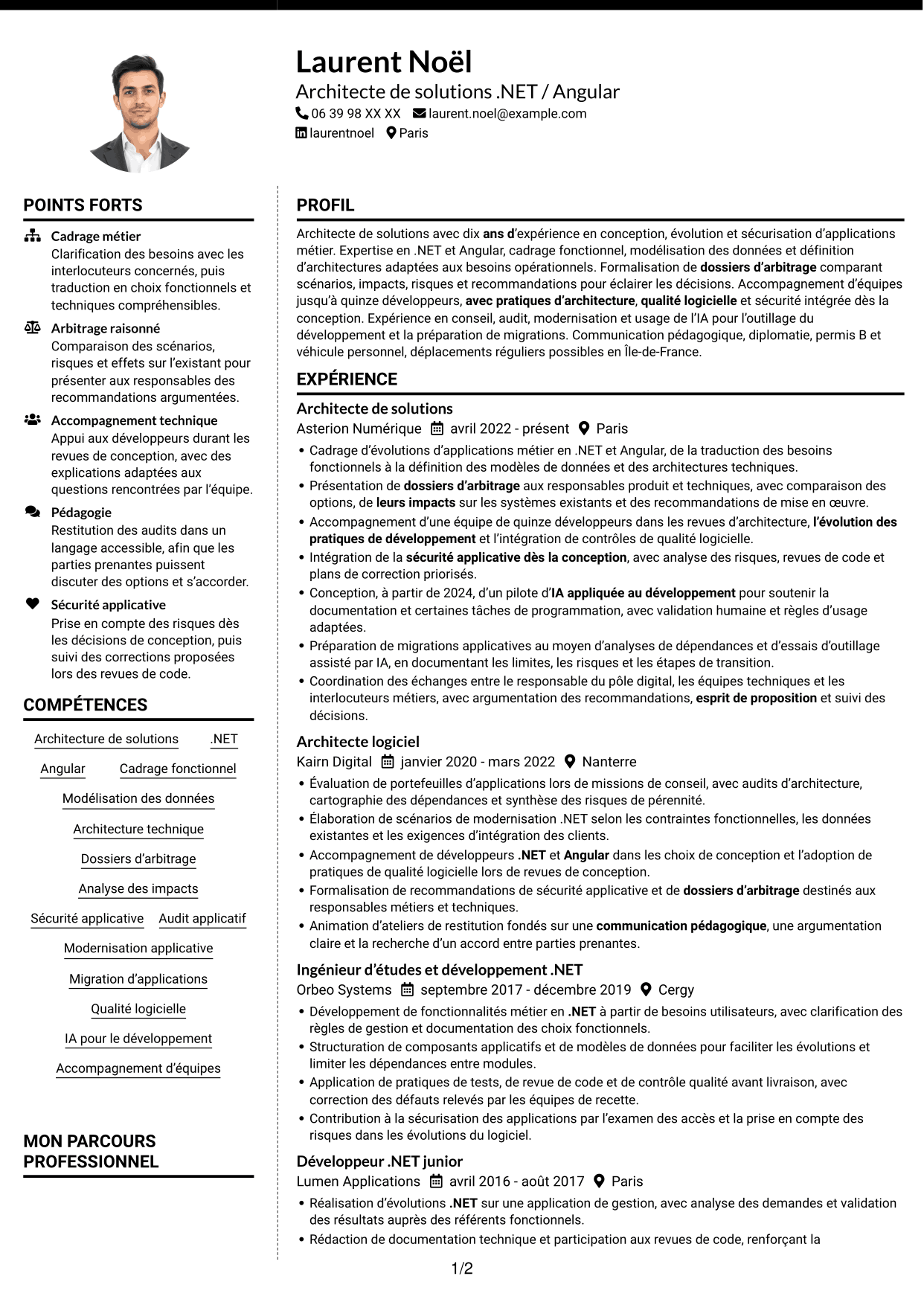 CV Moderne (format à deux colonnes avec photo à gauche et séparateur) : Architecte de solutions .NET / Angular, page 1