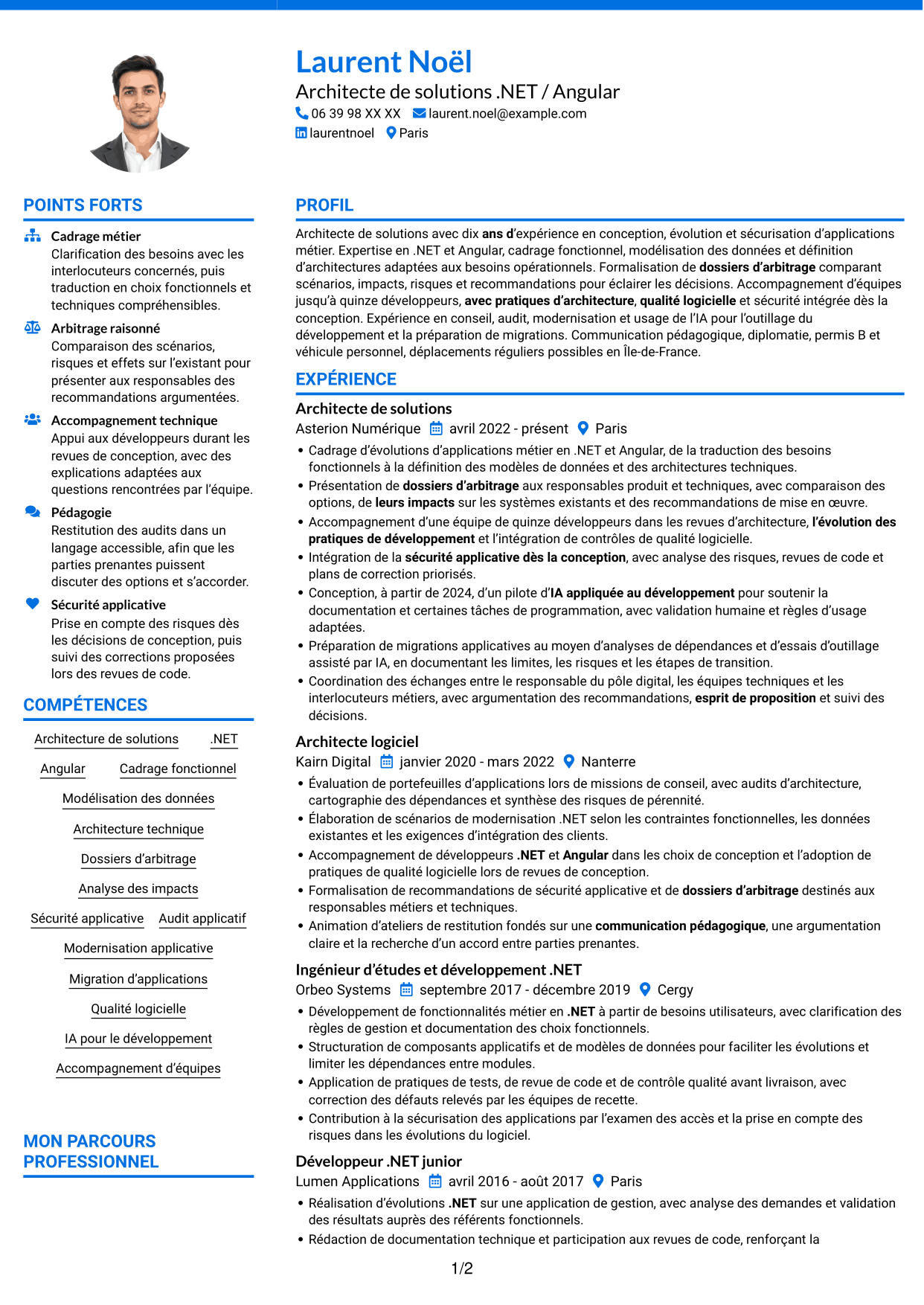 CV Audacieux (format à deux colonnes avec accents colorés et photo) : Architecte de solutions .NET / Angular, page 1