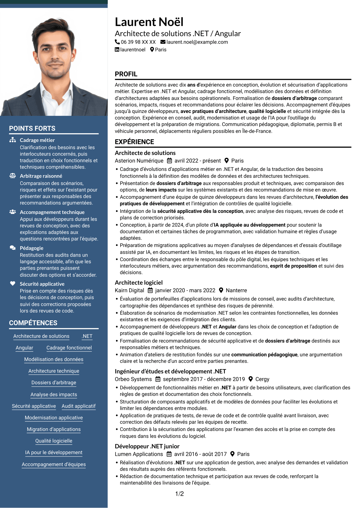 CV Signature (format à colonne latérale colorée avec grande photo) : Architecte de solutions .NET / Angular, page 1