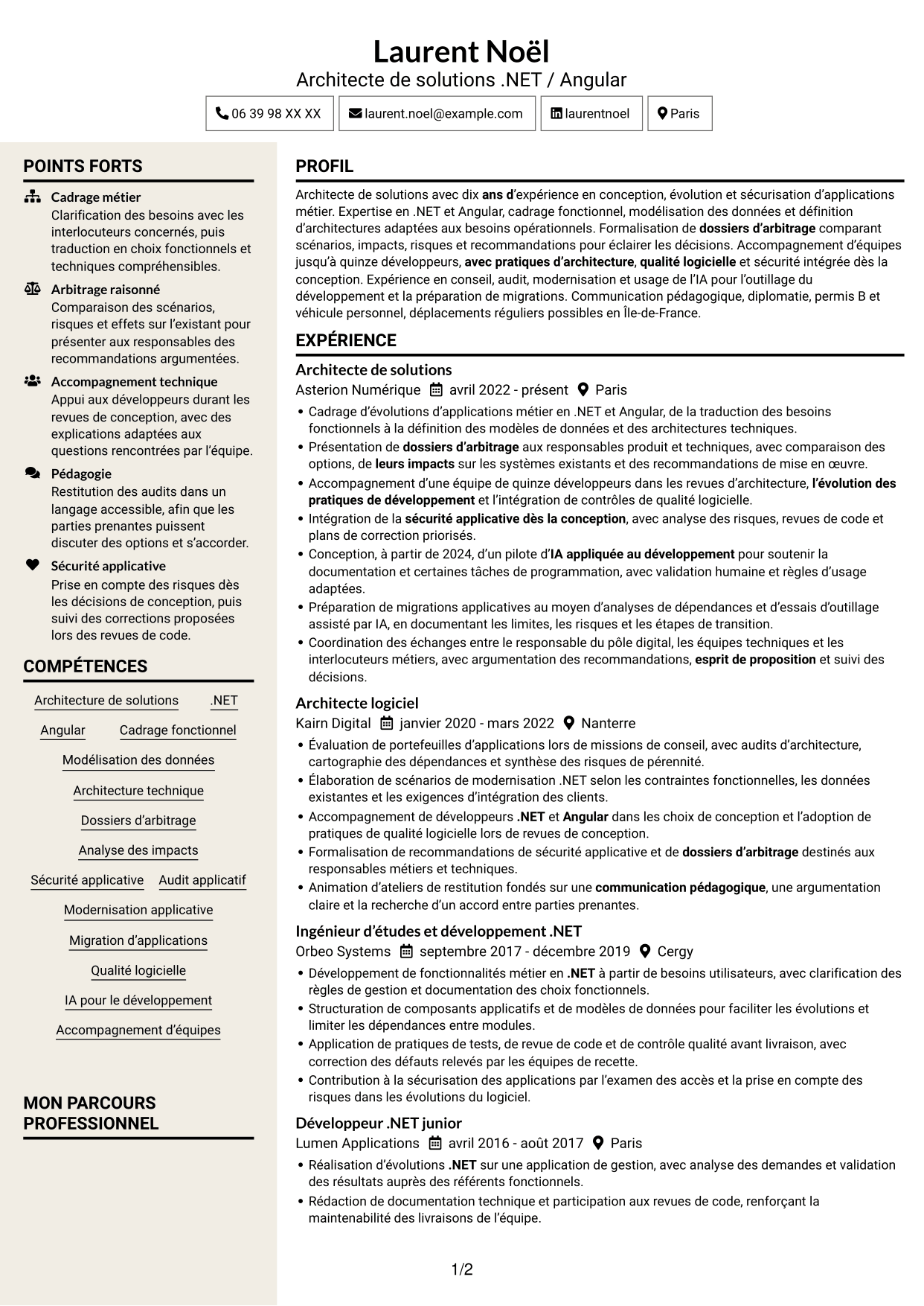 CV Fonceur (format à deux colonnes avec en-tête centré sans photo) : Architecte de solutions .NET / Angular, page 1