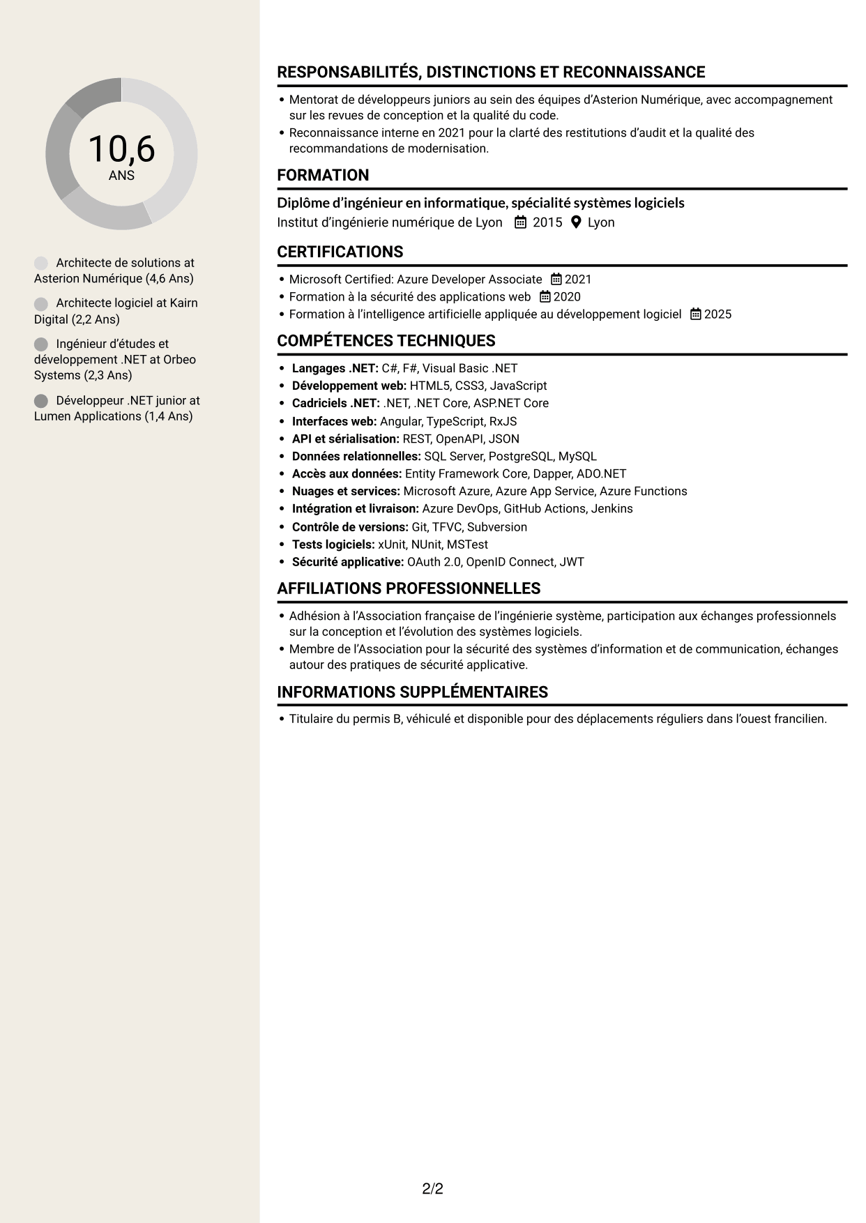 CV Fonceur (format à deux colonnes avec en-tête centré sans photo) : Architecte de solutions .NET / Angular, page 2