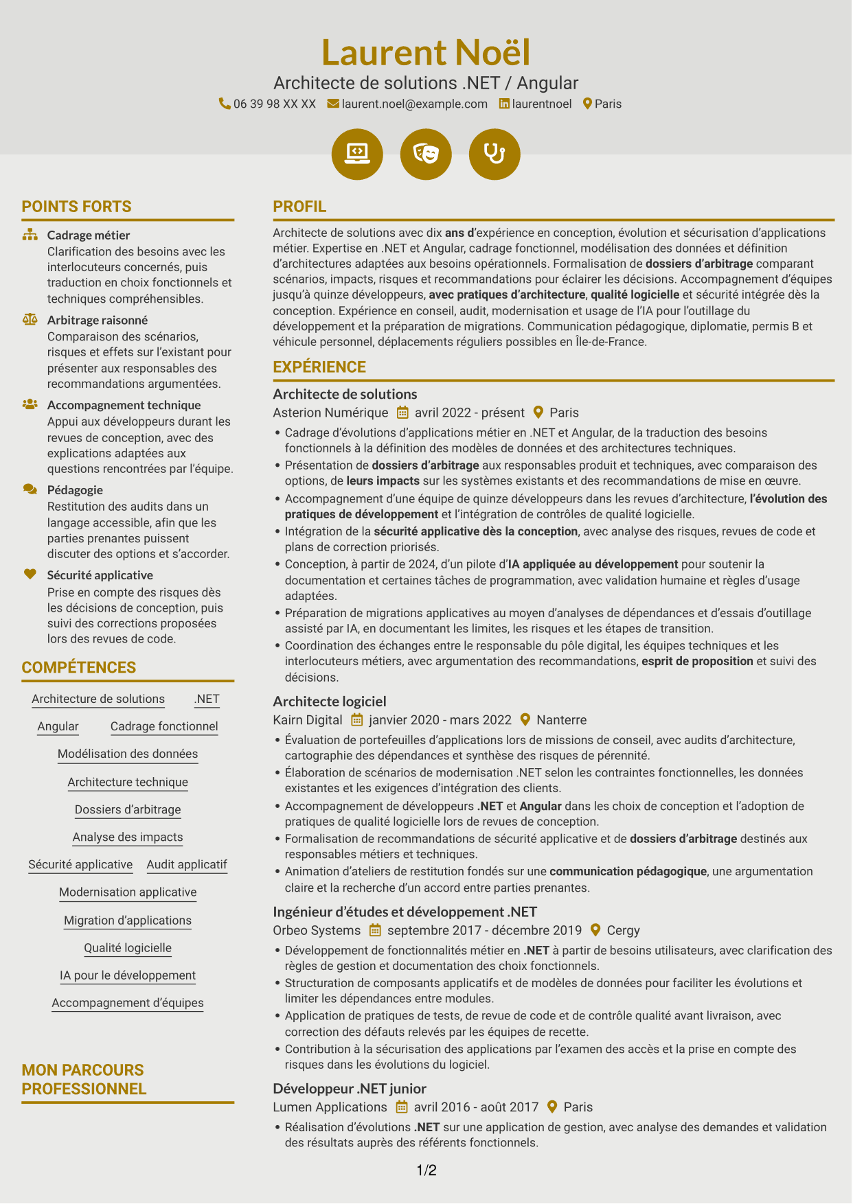 CV Dynamique (format à deux colonnes avec icônes) : Architecte de solutions .NET / Angular, page 1