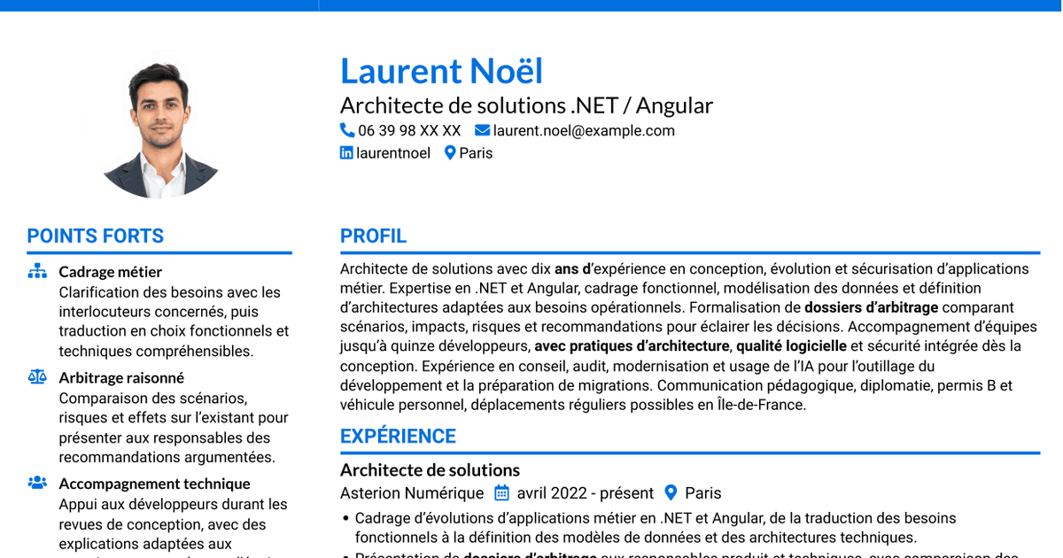 7 modèles de CV pour Architecte de solutions .NET / Angular, avec exemples