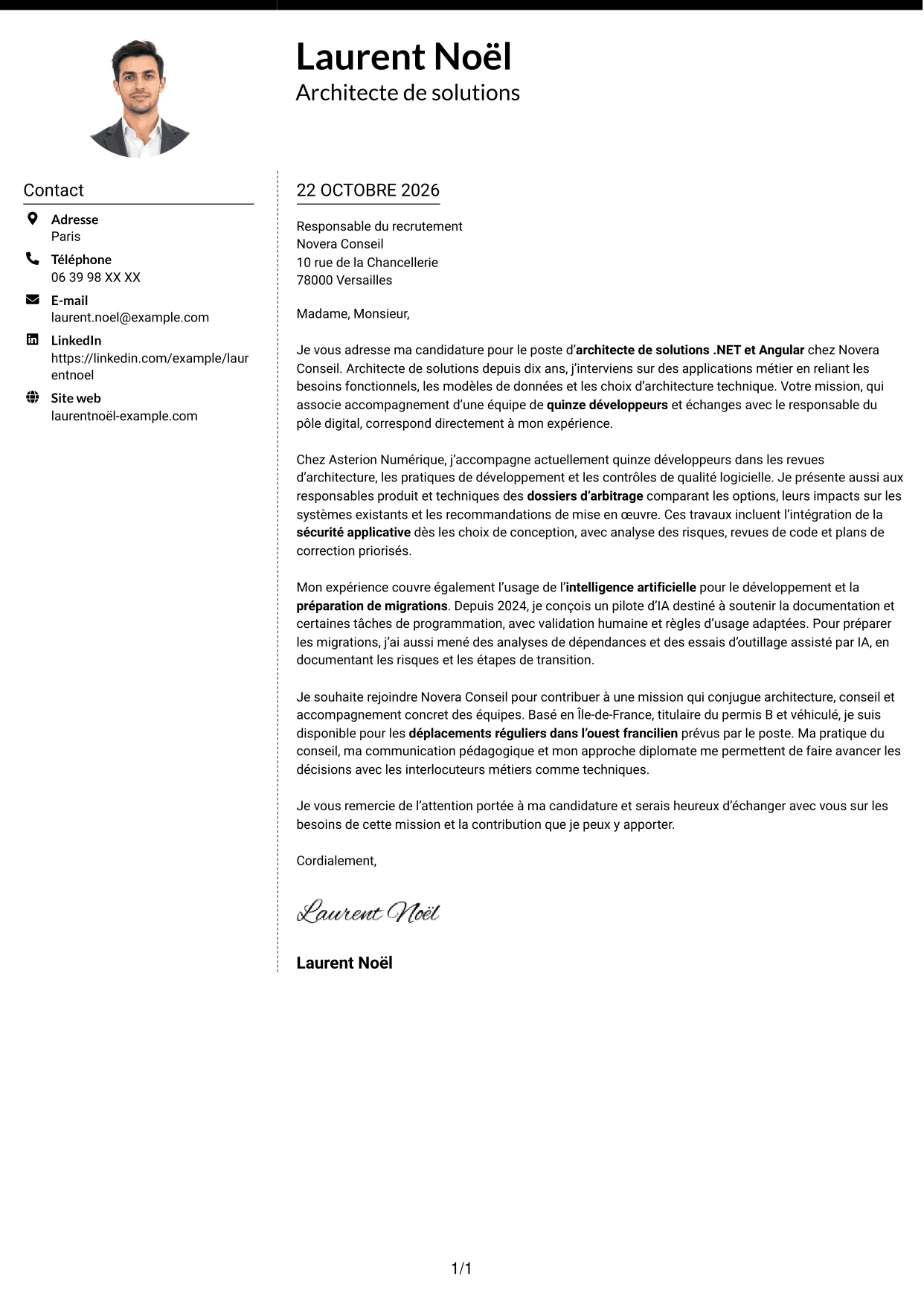 Lettre de motivation Moderne (format à deux colonnes avec photo à gauche et séparateur) : Architecte de solutions .NET / Angular, page 1