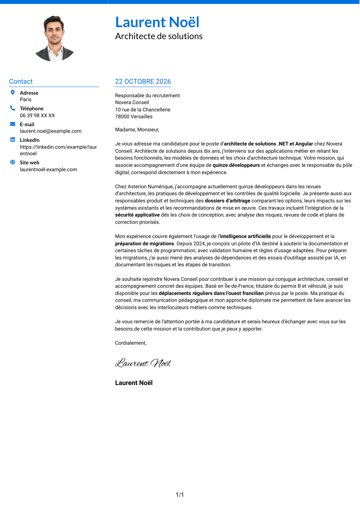 Lettre de motivation Audacieux (format à deux colonnes avec accents colorés et photo) : Architecte de solutions .NET / Angular, page 1
