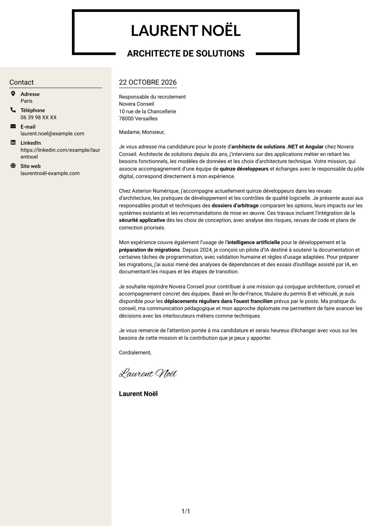 Lettre de motivation Fonceur (format à deux colonnes avec en-tête centré sans photo) : Architecte de solutions .NET / Angular, page 1