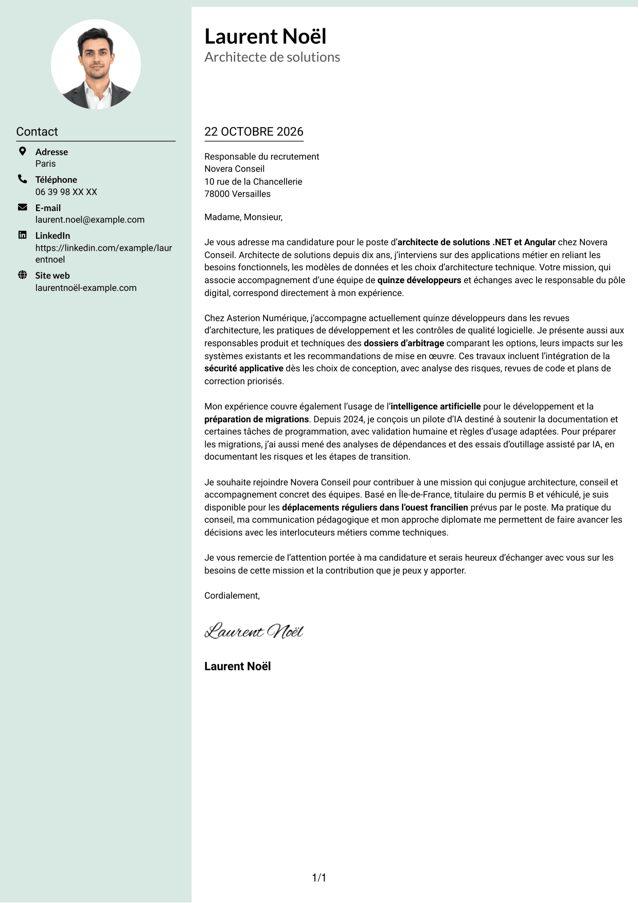 Lettre de motivation Cadre (format à colonne latérale douce avec photo arrondie) : Architecte de solutions .NET / Angular, page 1