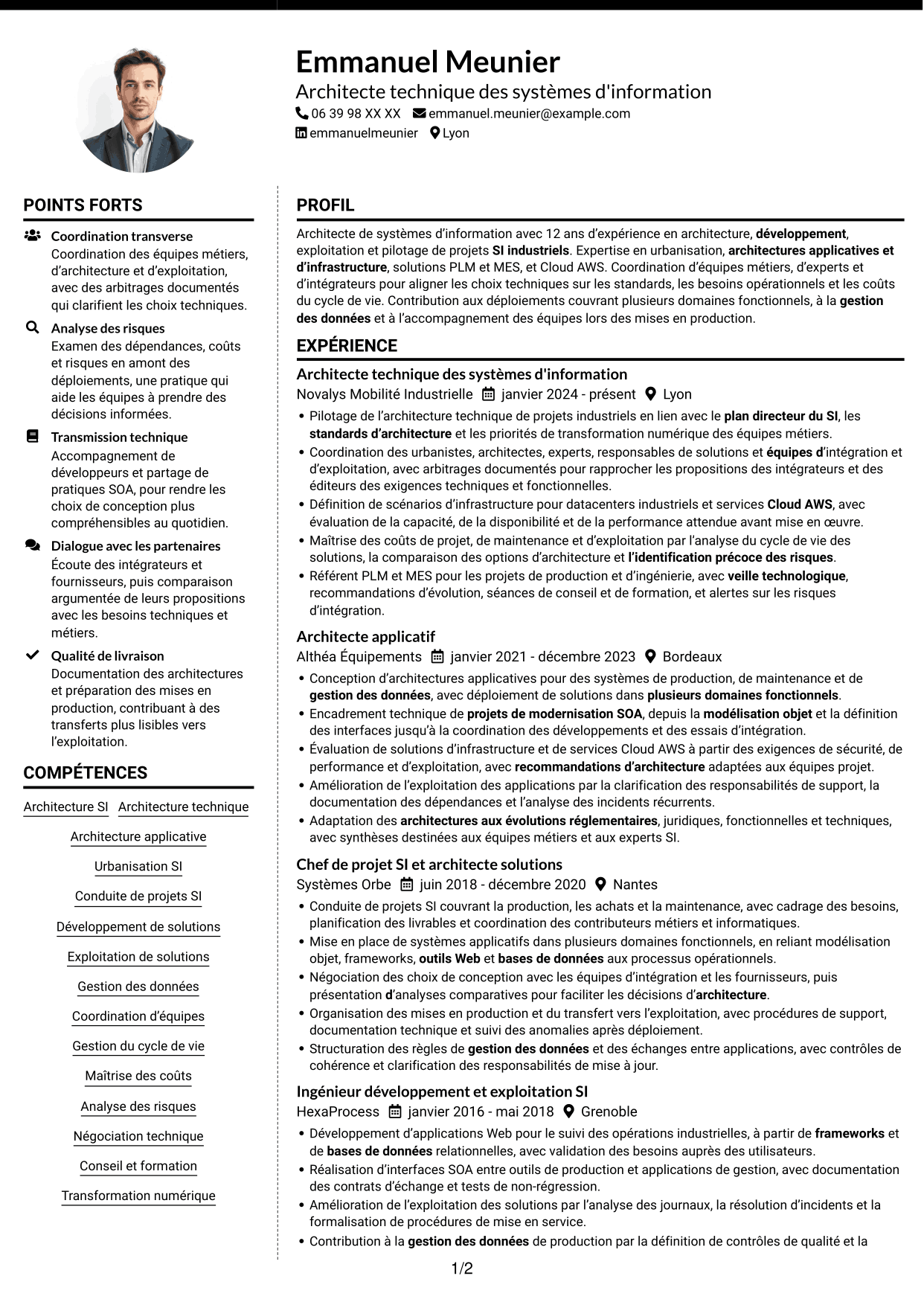 CV Moderne (format à deux colonnes avec photo à gauche et séparateur) : Architecte de systèmes d'information - Architecture industrielle, page 1