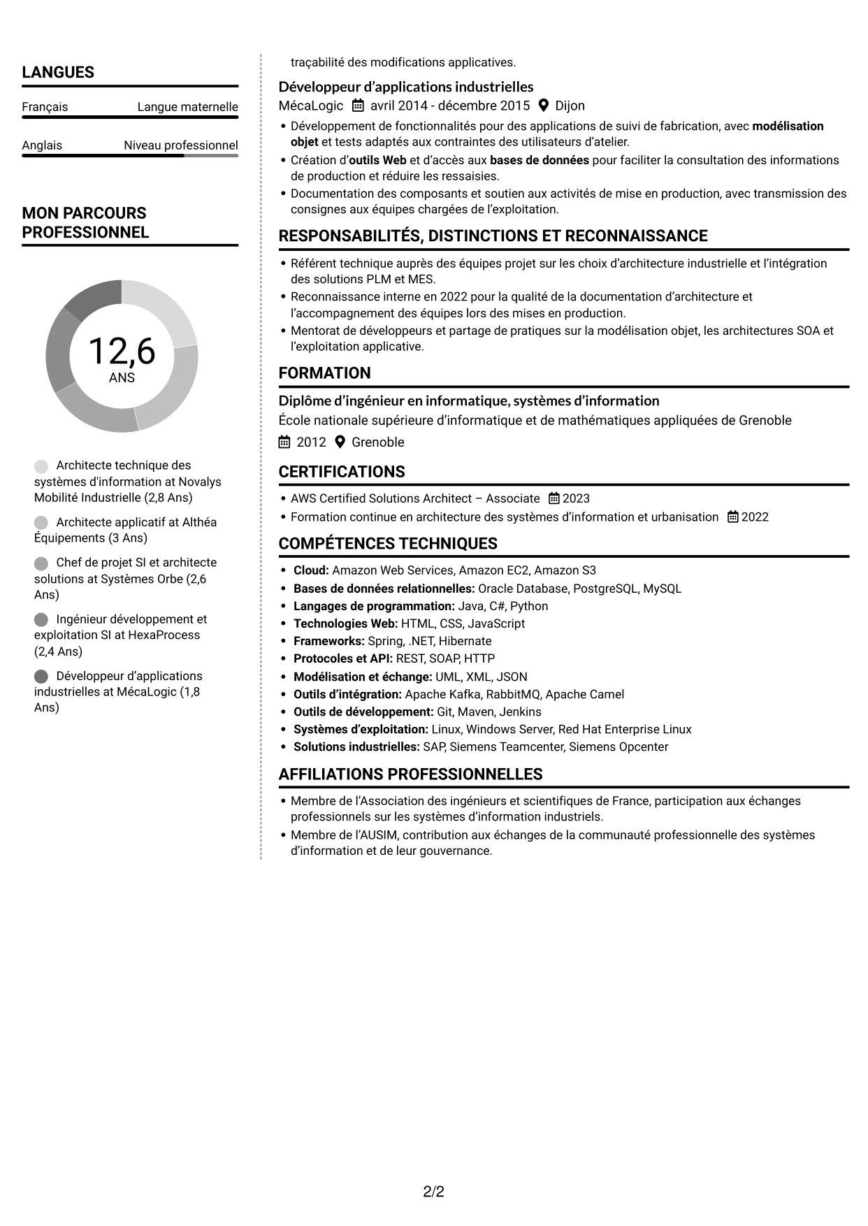 CV Moderne (format à deux colonnes avec photo à gauche et séparateur) : Architecte de systèmes d'information - Architecture industrielle, page 2