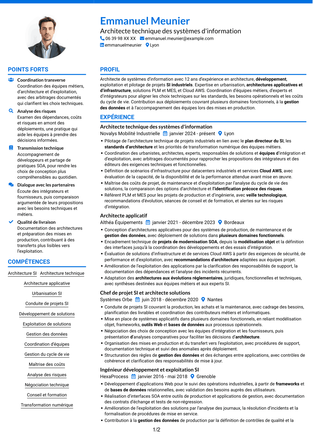 CV Audacieux (format à deux colonnes avec accents colorés et photo) : Architecte de systèmes d'information - Architecture industrielle, page 1