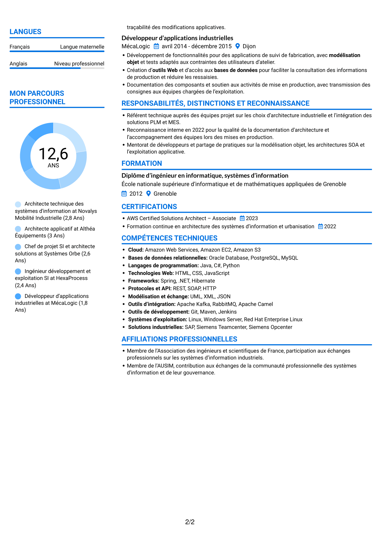 CV Audacieux (format à deux colonnes avec accents colorés et photo) : Architecte de systèmes d'information - Architecture industrielle, page 2