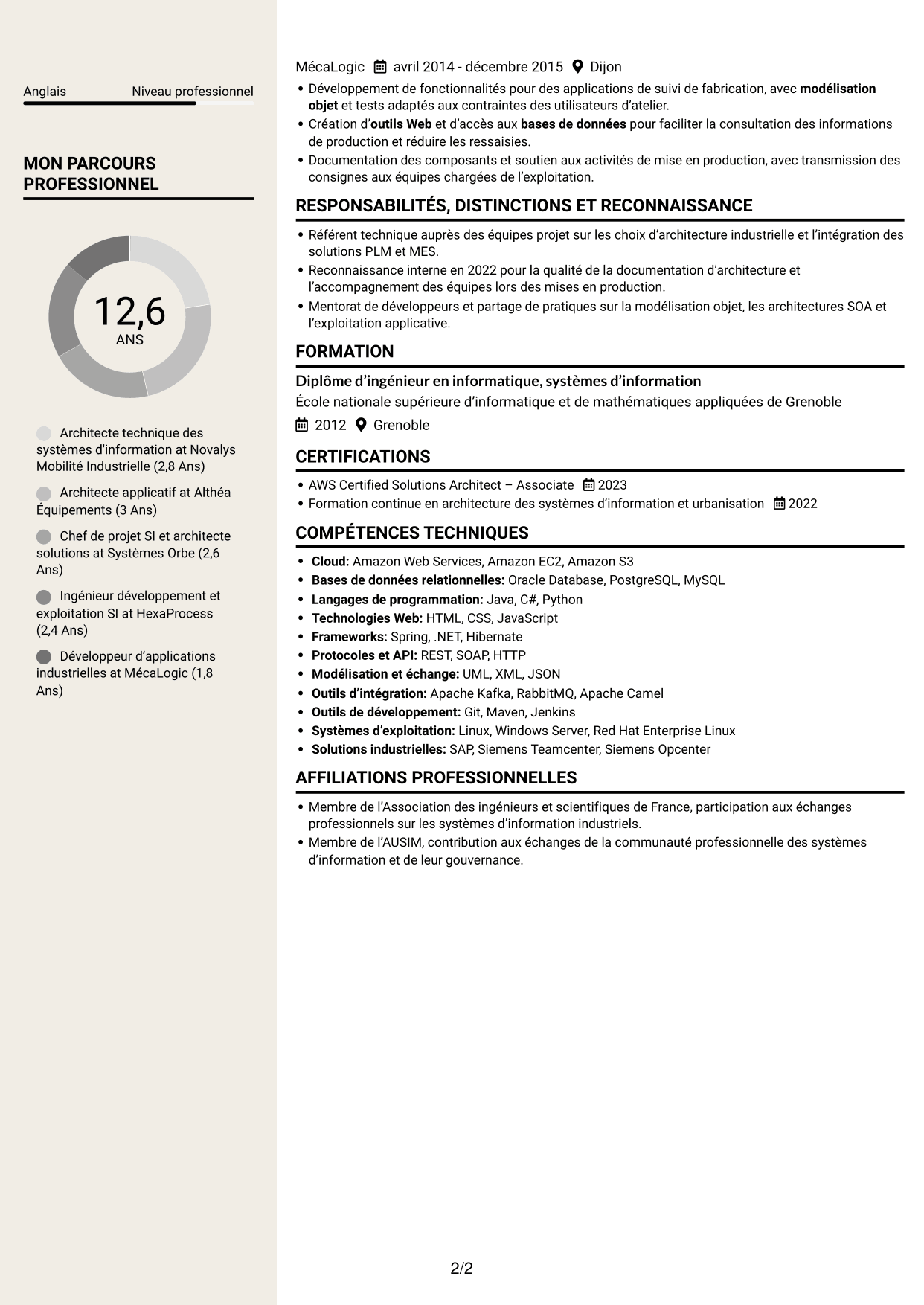 CV Fonceur (format à deux colonnes avec en-tête centré sans photo) : Architecte de systèmes d'information - Architecture industrielle, page 2