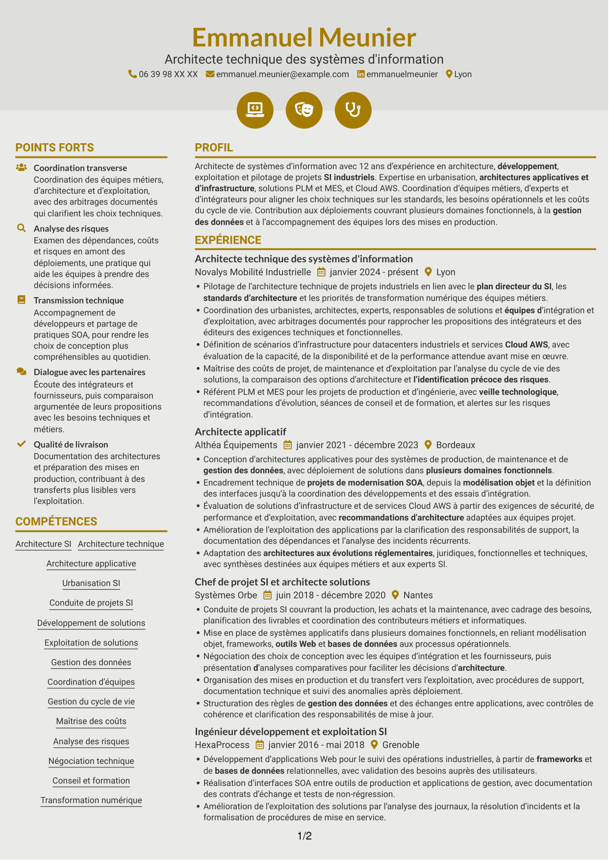 CV Dynamique (format à deux colonnes avec icônes) : Architecte de systèmes d'information - Architecture industrielle, page 1