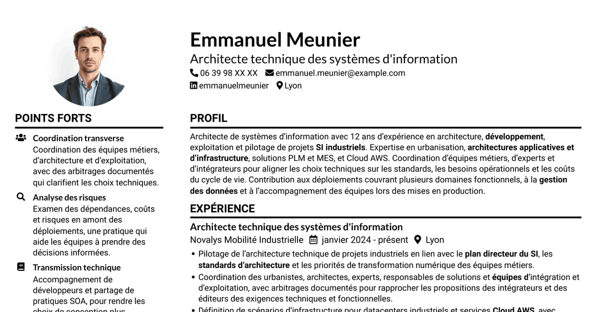 7 modèles de CV pour Architecte de systèmes d'information - Architecture industrielle, avec exemples