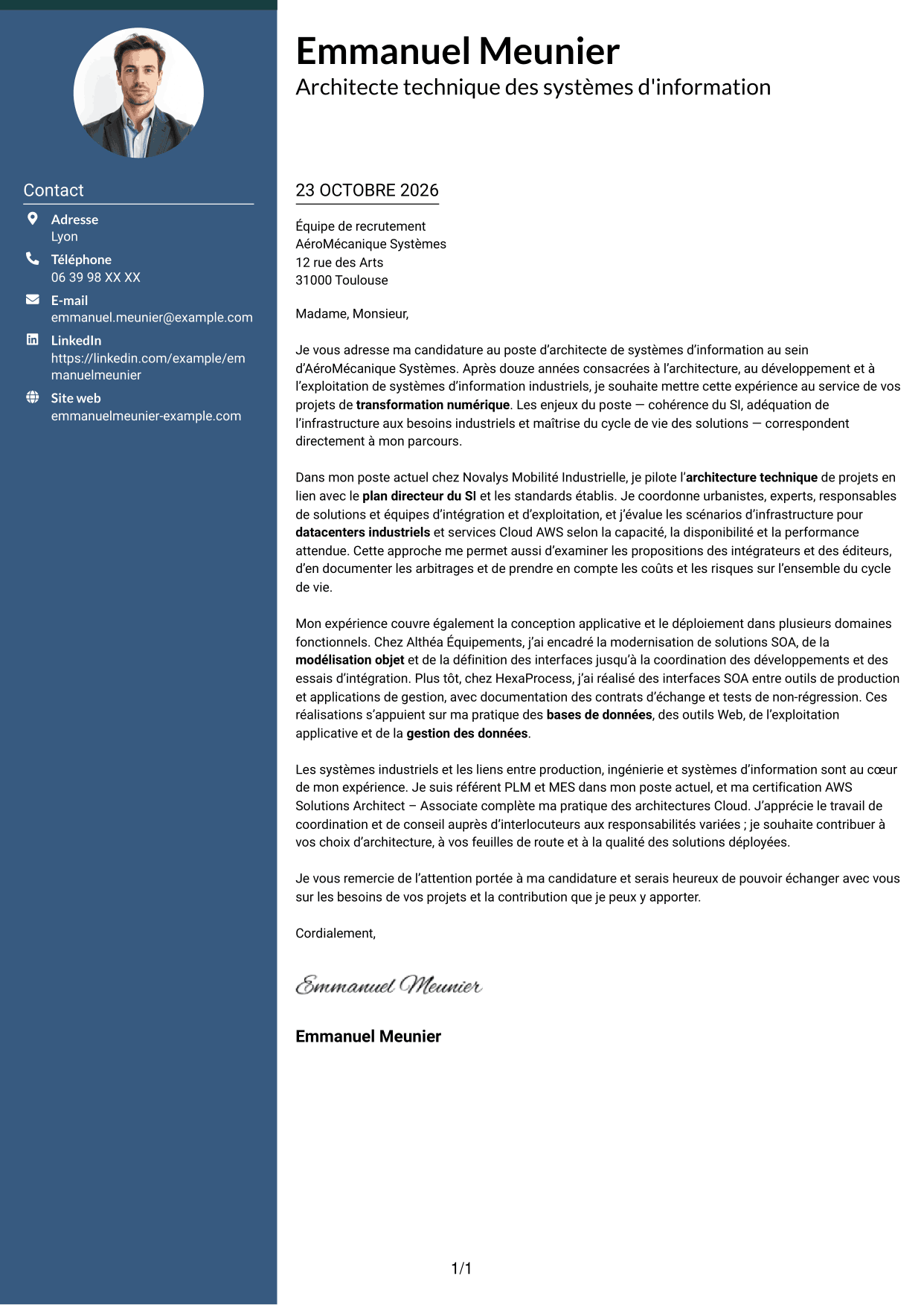 Lettre de motivation Élégant (format à colonne latérale colorée avec photo) : Architecte de systèmes d'information - Architecture industrielle, page 1