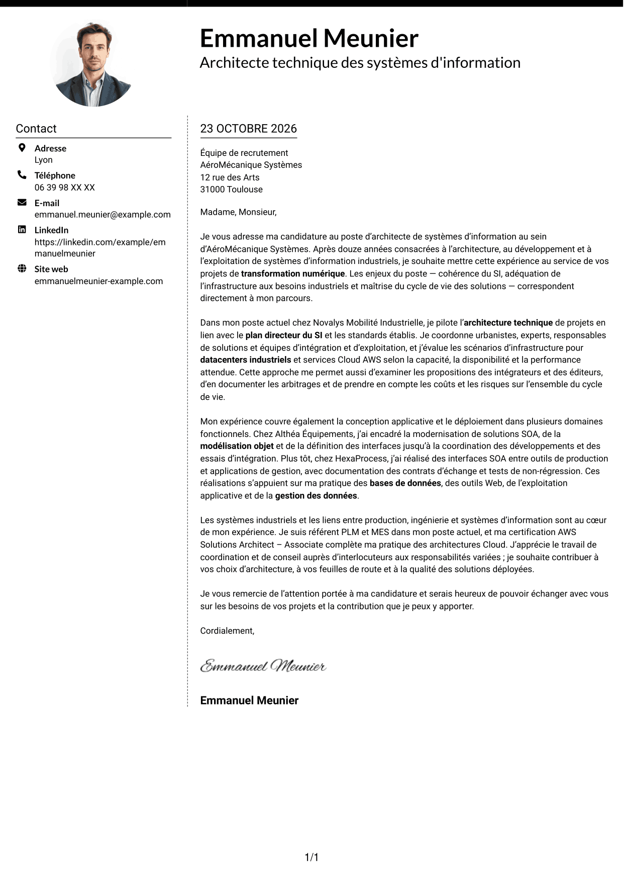 Lettre de motivation Moderne (format à deux colonnes avec photo à gauche et séparateur) : Architecte de systèmes d'information - Architecture industrielle, page 1