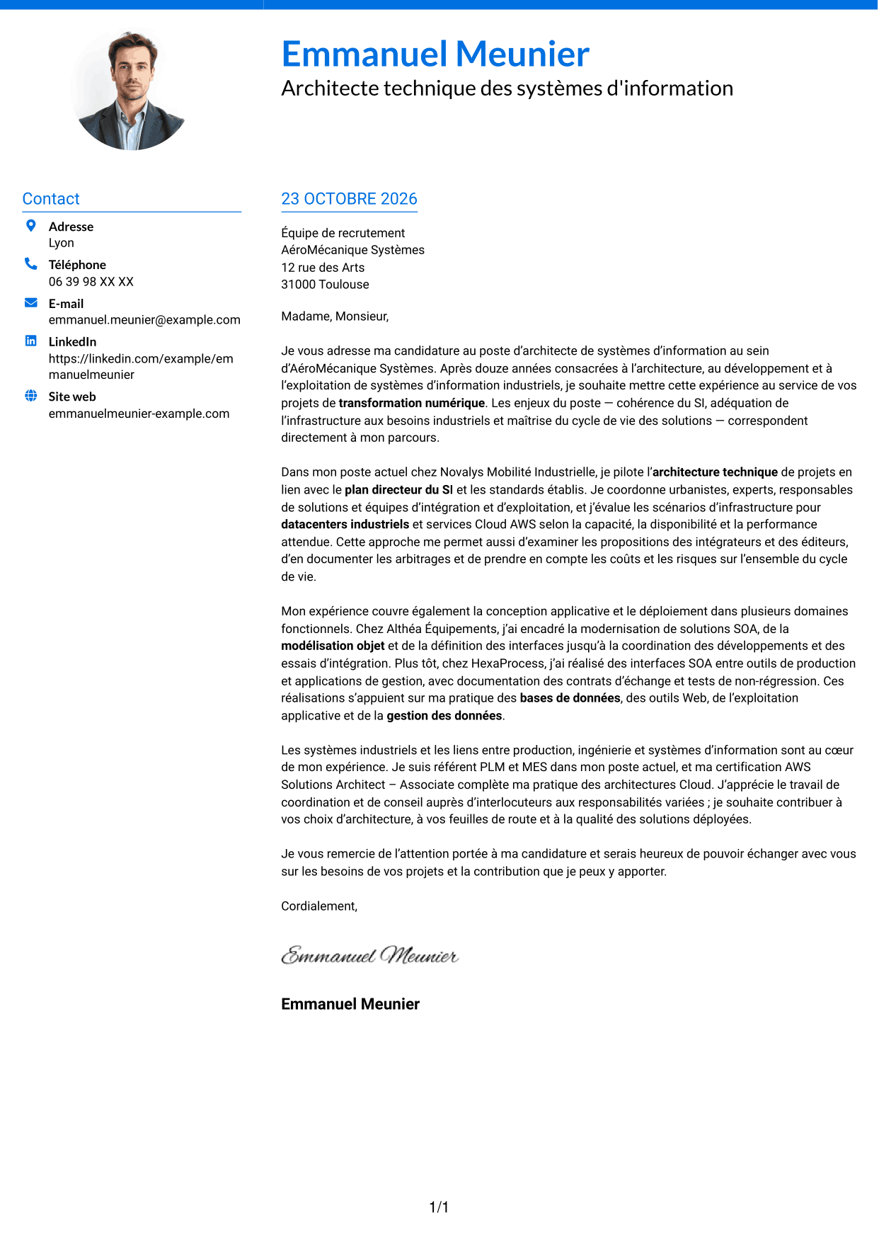 Lettre de motivation Audacieux (format à deux colonnes avec accents colorés et photo) : Architecte de systèmes d'information - Architecture industrielle, page 1